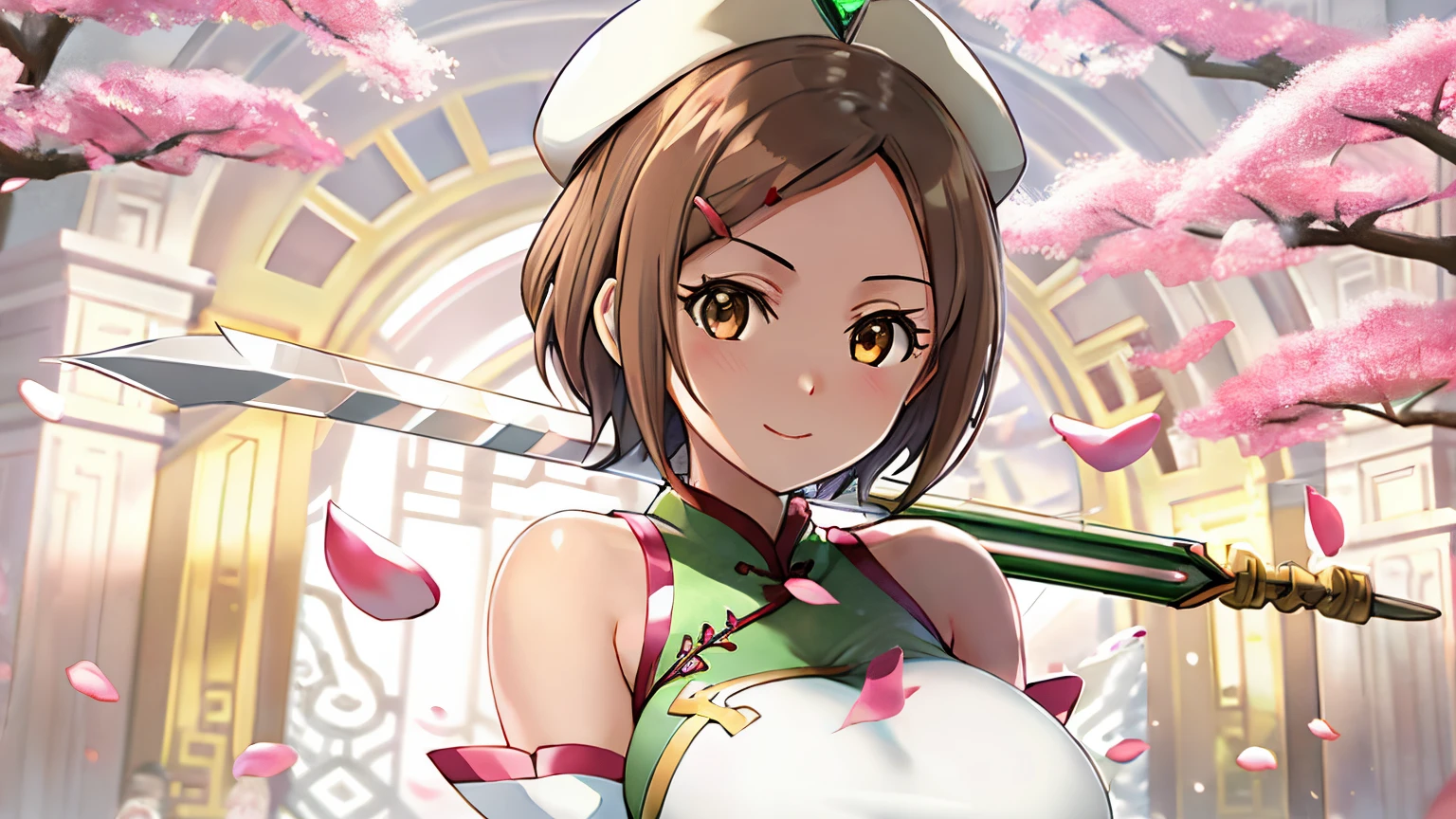 Anime girl in a white cheongsam with a bow and arrow, Knight of Sodiak Girl, Sodiak Girl Portrait Knight, Short brown-haired girl, Brown-eyed girl, Chignon Cap, White cheongsam, Emerald armor, Dress Armor Girl, seductive princess knight, anime fencer, Smooth Anime CG Art, oppai, huge tit, short, a beauty girl, sakura petals around her, shuushuu anime image, Princess Knight, princess intergalactica, Crystal Emerald Armor, Emerald Princess, Emerald reflective armor, High quality anime art style,