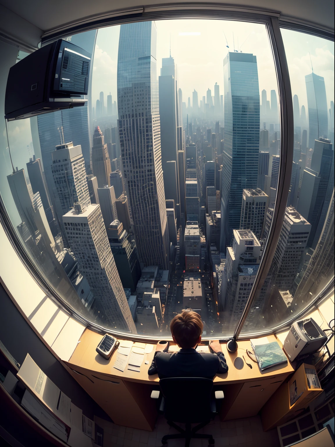 ((fish eye view)), (super wide angle), The view of the city,Buildings,busy street。Jack stood in front of the large window in his office,Look at the bustling city,With loneliness and confusion on his face