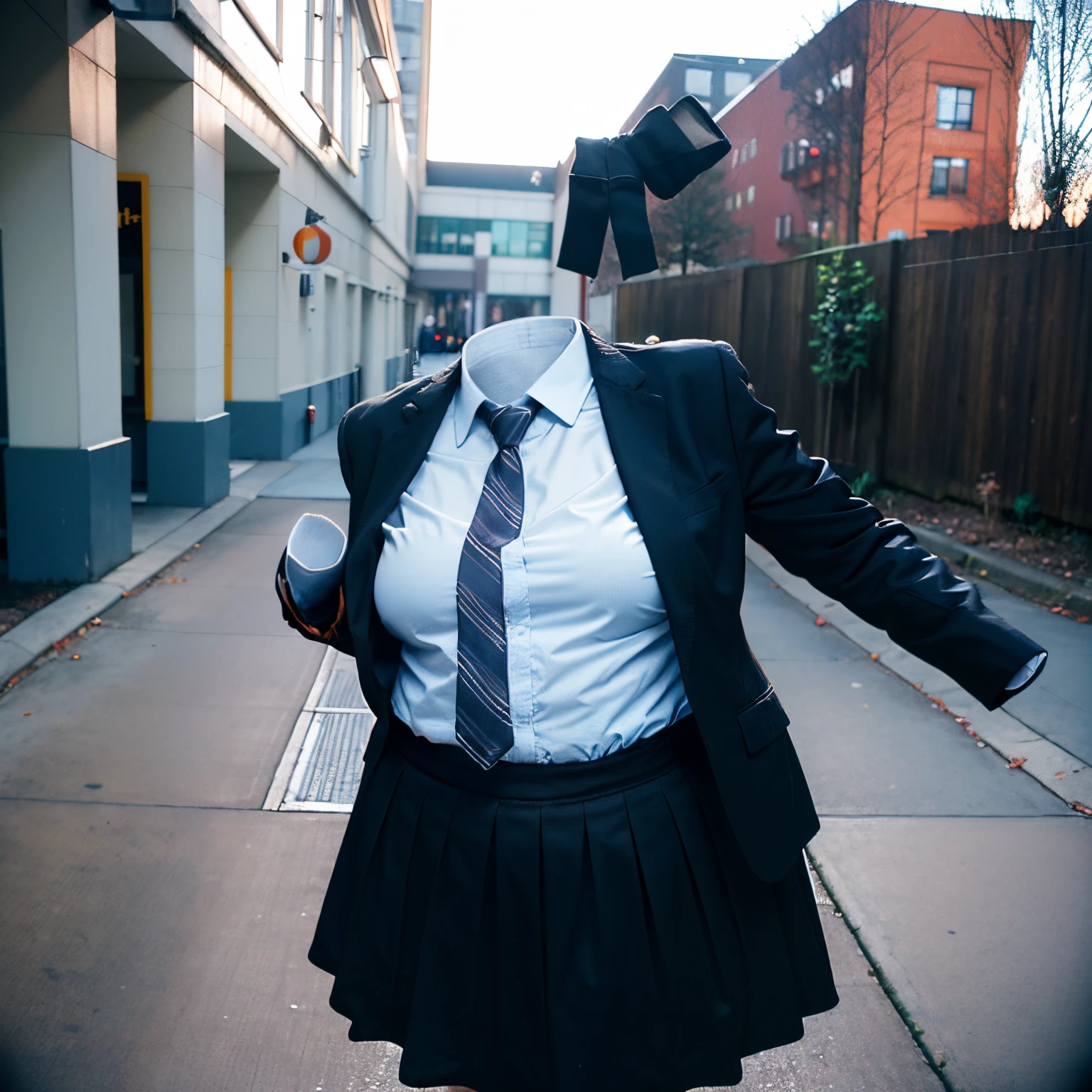 chubby, fat, school uniform, school tie, going home from school, (Seductive pose, happy pose), (invisible:1.5, no humans:1.5, headless:1.5, faceless:1.5), (cute big breasts), (8k, RAW photo, best quality, masterpiece:1.2), (realistic, photo-realistic:1.37), photon mapping, radiosity, ((Hasselblad photography)), physically-based rendering