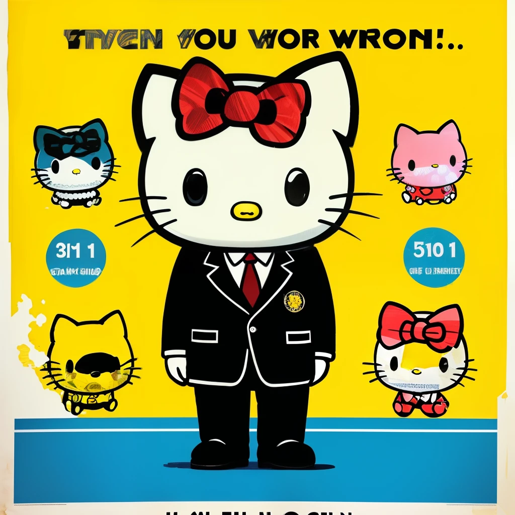 A poster with hello kitty in a suit on it that says standing on business and it’s in English and other kitty’s surrounding it looking at it and it has to be cartoon