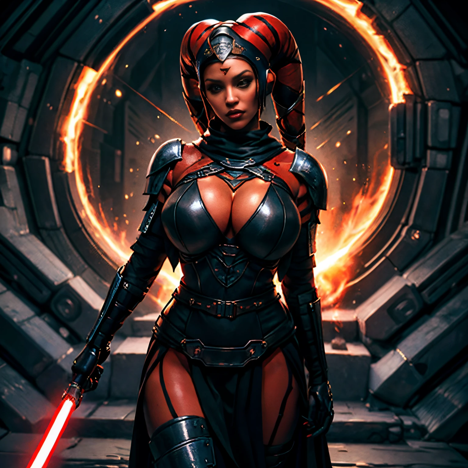 (masterpiece:1.2, best quality:1.2, beautiful, high quality, highres:1.1, aesthetic), detailed, extremely detailed, ambient soft lighting, 4K, perfect eyes, angular face, sharp features, large nose, perfect lighting, 1girl, action scene, lightsaber fighting, lasers, explosions, fire, motion lines, depth of field, masterpiece, best quality, high-definition, armor, busty, ((red skin), twi'lek), dual red lightsabers, evil space knight, space ninja, (wearing black robes, black stealth armor, breastplate, tunic, tabard, cowl, cloak, body glove, straps, buckles, skirts, long sleeves, fantasy, ((armor))), ((busty), slender body, thin, slim sexy body, slim waist, (((huge breasts, gigantic breasts)))), Imperial starship, Star Wars,