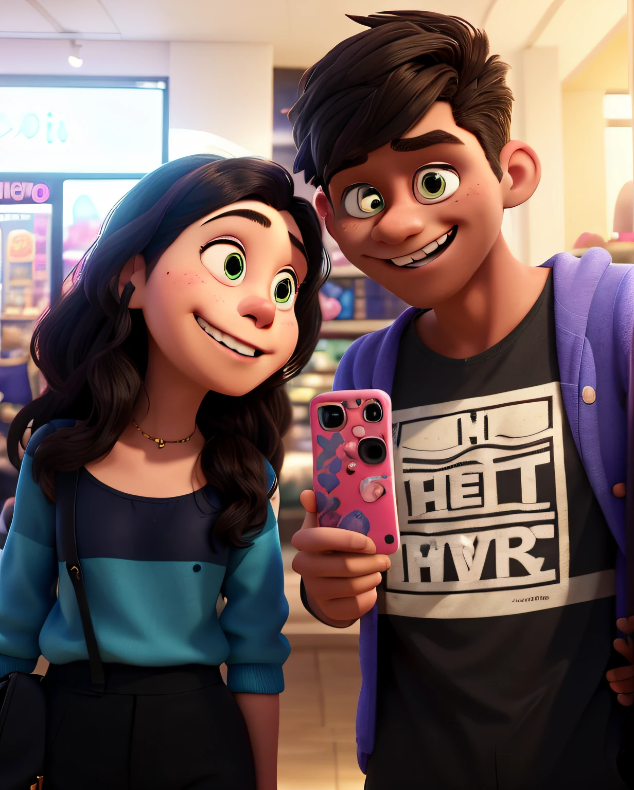 there is a man and woman taking a selfie in a store, 😭 🤮 💕 🎀, tyler edlin and natasha tan, 📷 mungojerrie and rumpleteazer, jordan grimmer and natasha tan, 😭🤮 💔, at a mall, smooth in _ the background, appearing in a shopping mall, artwork masterpiece, art masterpiece