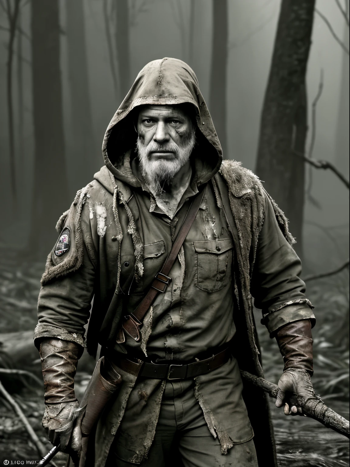 (Realistic:1.5), photorealistic, RAW photo, analog photo style, depth of field, ultra detailed portrait of Swamp Dictor, detailed frown face, dressed in dirty tattered military clothing with hood, 40 years old, he holding a long wooden staff in hand and looking on mutant dog nearly his foots, they are surrounded by a gloomy, foggy hollow, from which chilling sounds can be heard, dinamic pose, atmosphere from "S.T.A.L.K.E.R", faded cinematic colors