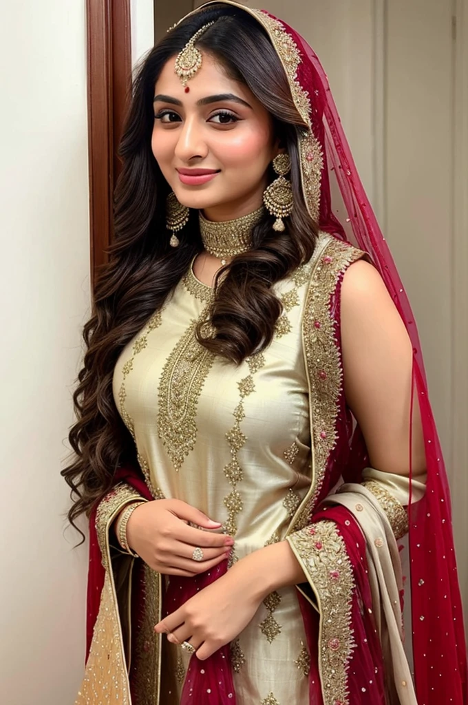 Instagram photo, girl named reema khan, wearing designer salwar kameez, closeup photo taken on iphone 15, perfect body, looking at viewer, is in wedding, slight smile, bokeh