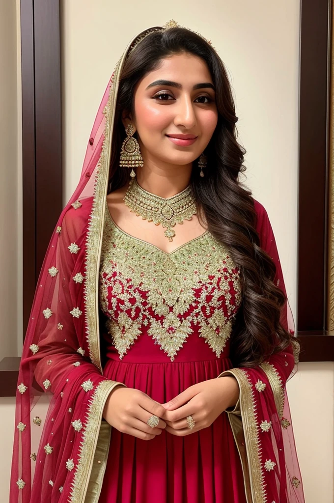 Instagram photo, 14 years old girl named reema khan, wearing designer salwar kameez, closeup photo taken on iphone 15, perfect body, looking at viewer, is in wedding, slight smile, bokeh