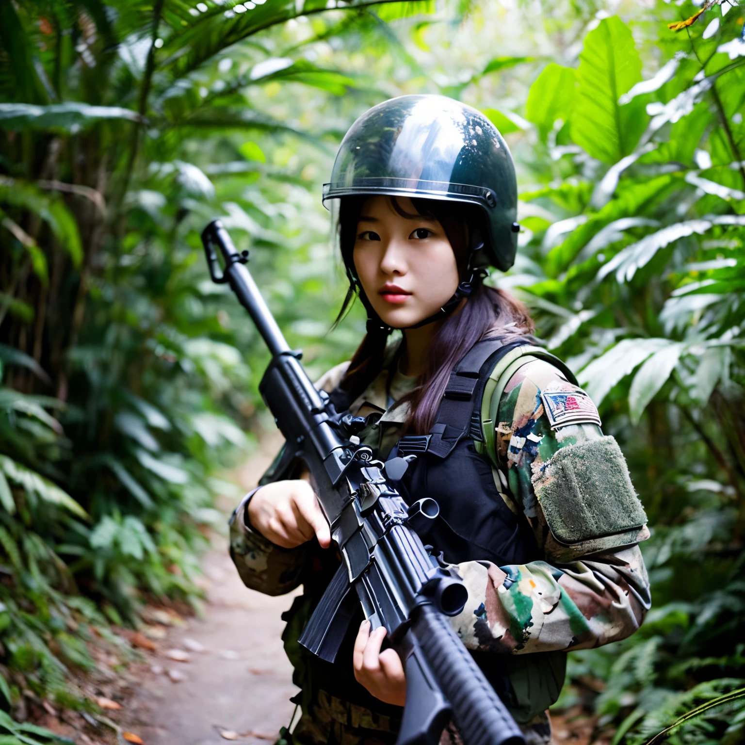 25-year-old beauty、Head through the jungle wearing a helmet and camouflage clothes、automatic rifle in hand、full of tension、