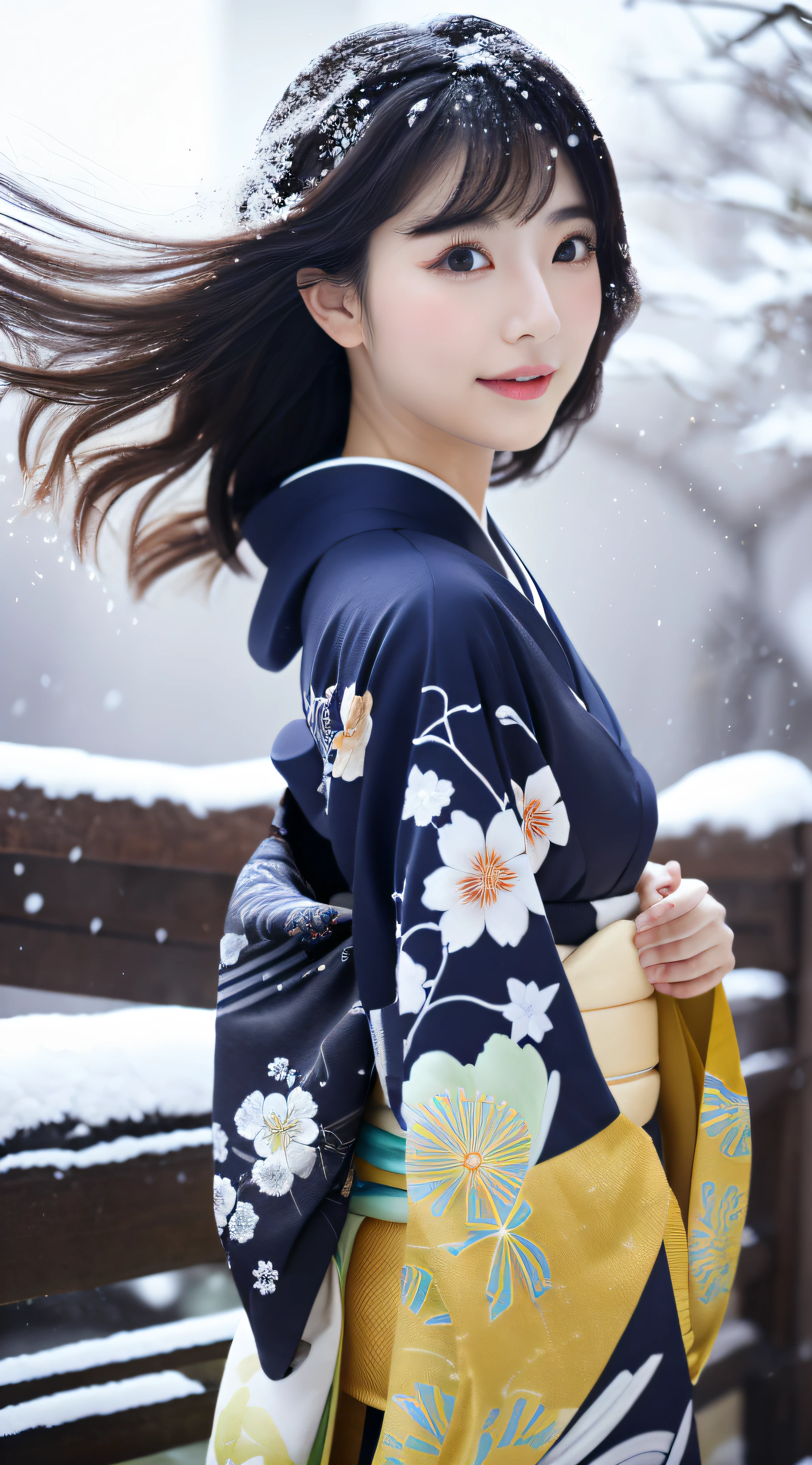 ((Kimono))、(full body Esbian)、(top-quality,​masterpiece:1.3、超A high resolution)、(ultra-detailliert、Caustics)、(Photorealsitic:1.4、RAW shooting)、Ultra-realistic capture、A highly detailed、 Skin texture is natural、(voluminous hair)、25-years old、The skin looks healthy with an even tone、 Use natural light and color、One Woman、japanes、A dark-haired、Middle hair、(Falling snow:1.3)、(Hair swaying in the wind:1.3)、(Snow reflects light)、Light in the eyes、Looking at the camera、