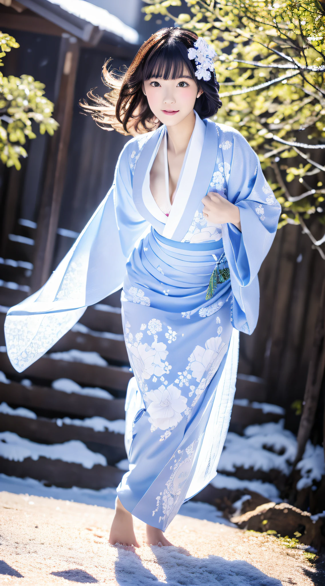 ((Kimono))、(full body Esbian)、(top-quality,​masterpiece:1.3,超A high resolution,),(ultra-detailliert,Caustics),(Photorealsitic:1.4,RAW shooting,)Ultra-realistic capture,A highly detailed、 Skin texture is natural、(voluminous hair)、25-years old、The skin looks healthy with an even tone、 Use natural light and color、One Woman,japanes、A dark-haired,Middle hair,、(Falling snow:1.3)、(Hair swaying in the wind:1.3)、(Snow reflects light)、Light in the eyes、Looking at the camera、