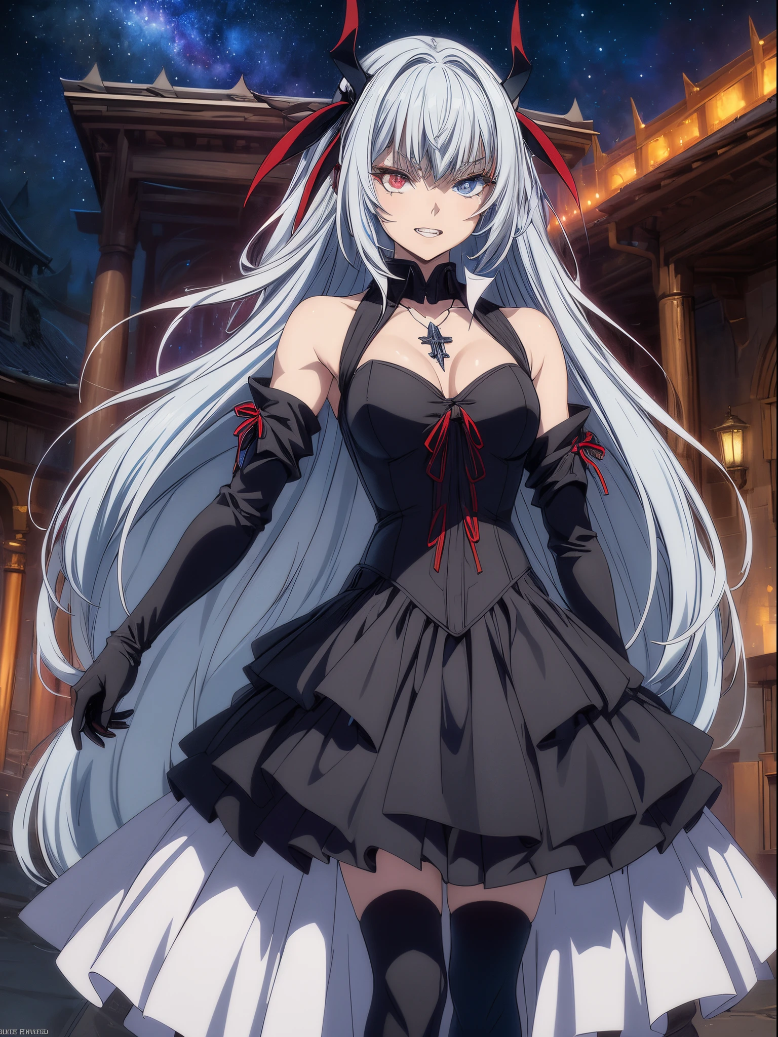 1 girl, (Ruminas de tensei shitara slime datta ken), silver hair, (((heterochromatic eyes shine in a deep sky blue and light red))), very beautiful, (((two equal vampire canine teeth))) , (((vampire teeth))), gothic dress, (set inside a horror castle), wearing black ankle-length high-heeled boots, standing, eye reflection, glowing eyes, sulking, anime, anime style, ray tracing, cinematic lighting, panorama, Sony FE, UHD, UHD, masterpiece, ccurate, textured skin, super detail, high details, best quality, highres, 16k