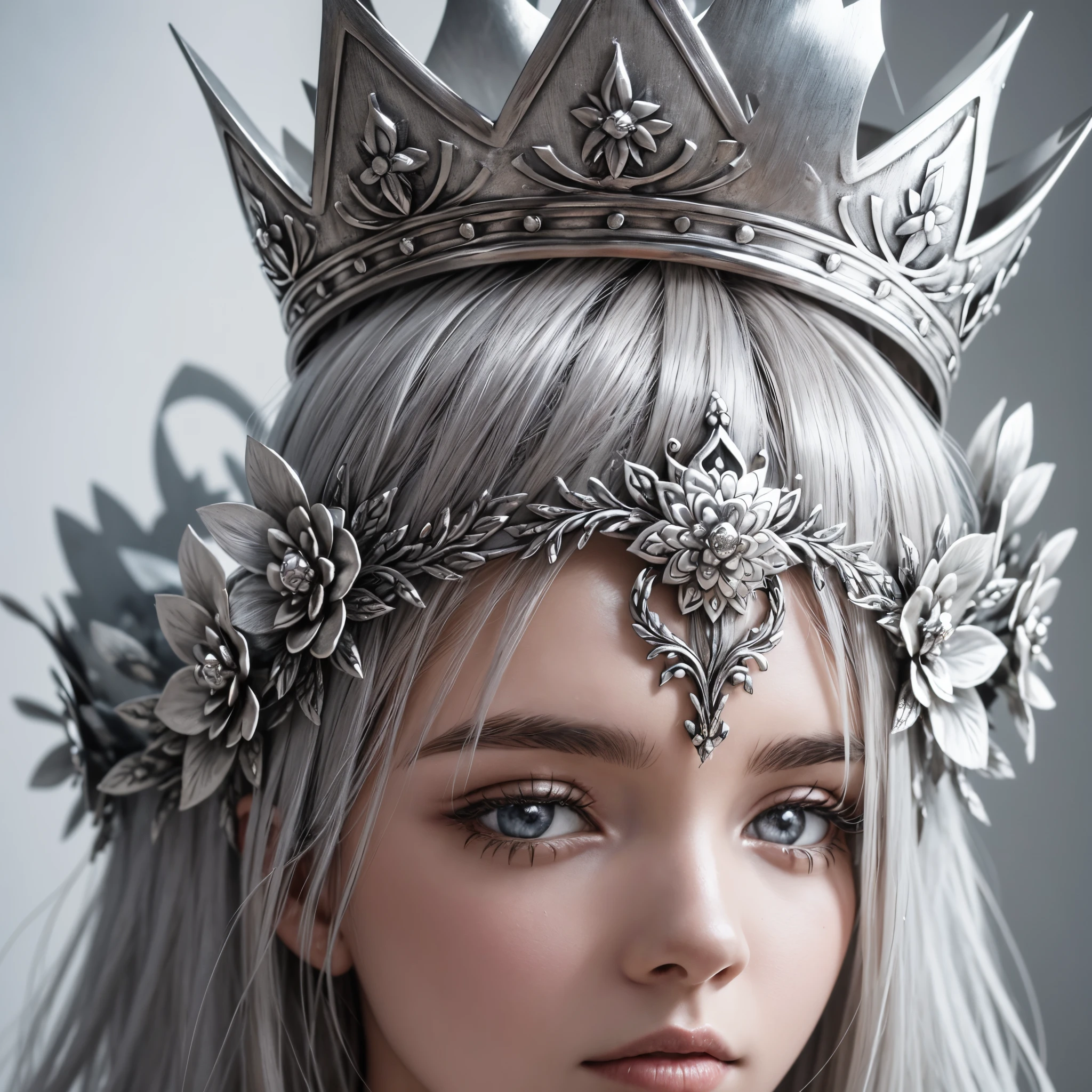 Metal art (crown of silver flowers), silver flowers, white metal, metal flowers, metal crown, silver flower crown, intricate detials, complex weaves, silver art, higly detailed, Feature photo, Film grain, Realistic