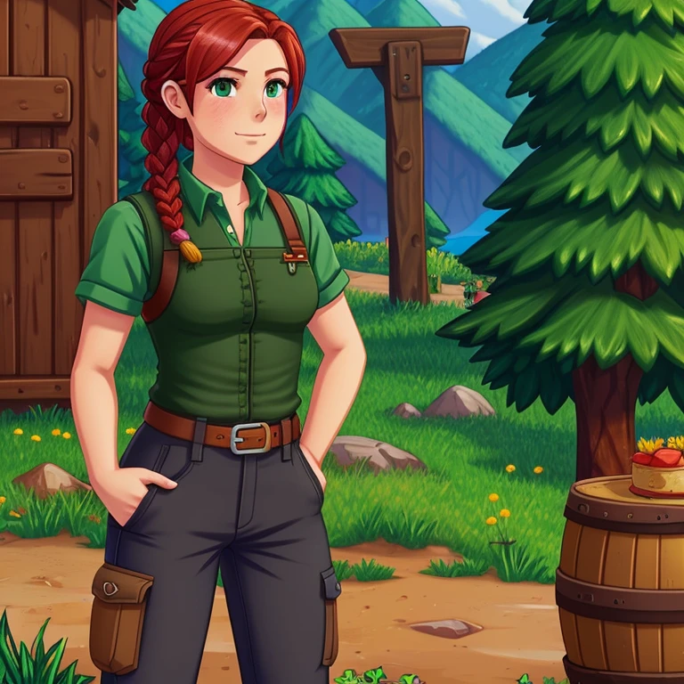 1 girl, Leah from Stardew valley, red hair, 25 years old, single braid, green short sleeve shirt, dark green vest, dark gray cargo pants, tan hiking boots, wearing belt, small amount of tummy showing