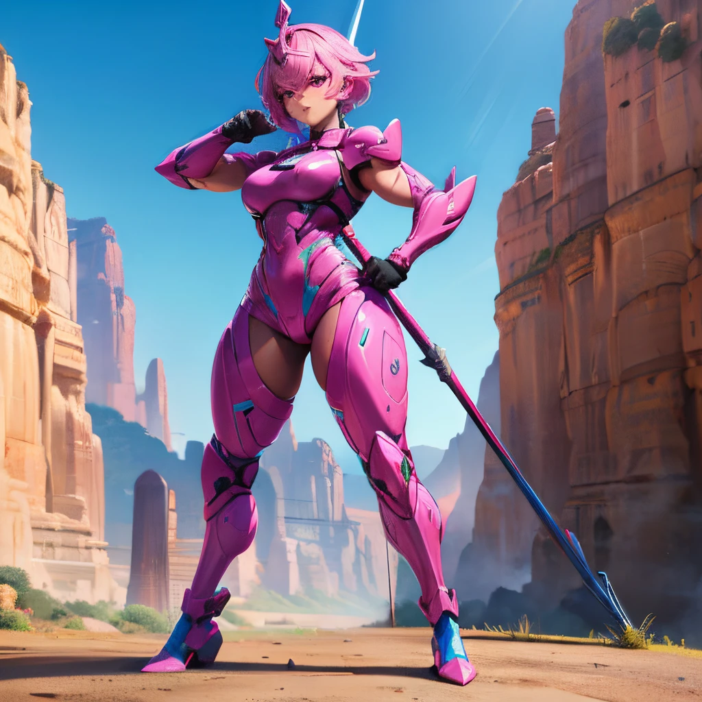 1girl, muscular body, thick legs, fighter pose, short pink hair, pink eyes, spear in right hand, wearing blue jumpsuit, light armor chest, black gloves, canyon landscape, high res, ultrasharp, 4k, looking at viewer