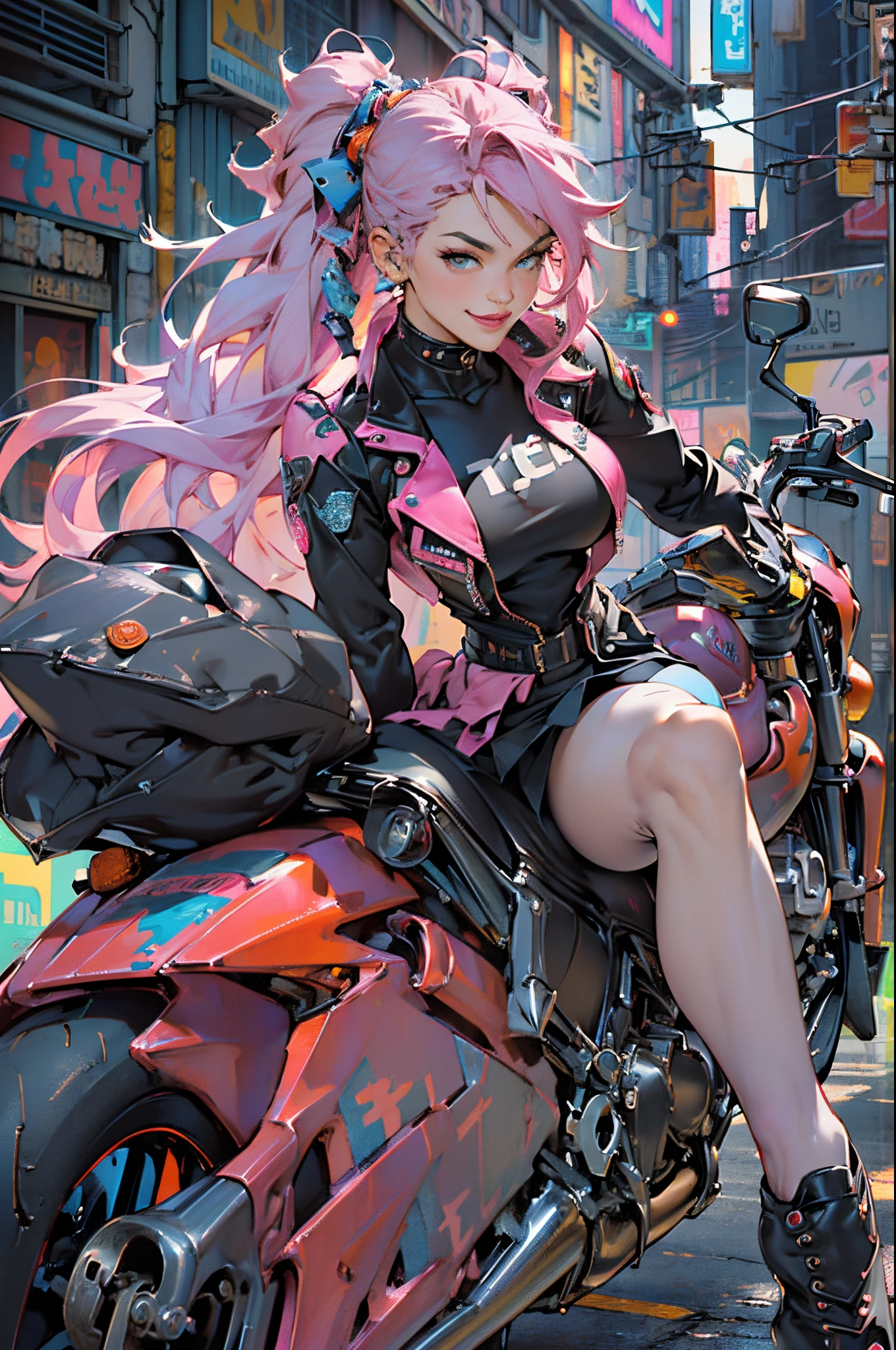 ((Many award-winning works, With incredible details, textures and maximum detail,(photorealestic),)), ((1female,Erlang legs,((Sit on a motorcycle)), ((Get on a motorcycle)),(((harley davidson motorbike))),(((the right motorcycle:1.7))),(((Correct ratio of people to vehicles:1.6))), eye-catching accessories, Stylish and innovative hairstyle,(A pink-haired:Pick dyeing),)),((Teenage girl,girl,((confident smile)),dressed in:((Popular costumes in Harajuku style, )),((slim sexy girl)),))), (Full-body image:1.2), (up of the upper body:0.4), (The best quality real textured skin), ((five perfect and beautiful fingers)), (Anatomically correct limbs and physique:1.5), (Two full legs:1.5), (two complete feet:1.5), (Delicate, round and symmetrical eyes), (exquisite and beautiful face:1.6), ((A detailed face)), ((Background with:(Dazzling,cyberpunk city landscape, skyscrapper, neonlight, LED lights))), the complex background, (Complicated details:1.1),)), ((Bright and vivid color scheme)),((dynamic viewing angle+dynamic compositions)),((big breasts beautiful,Sexy legs)),Cyberpunk style,Harajuku style popular cyberpunk girl, 城市,(Harley),001