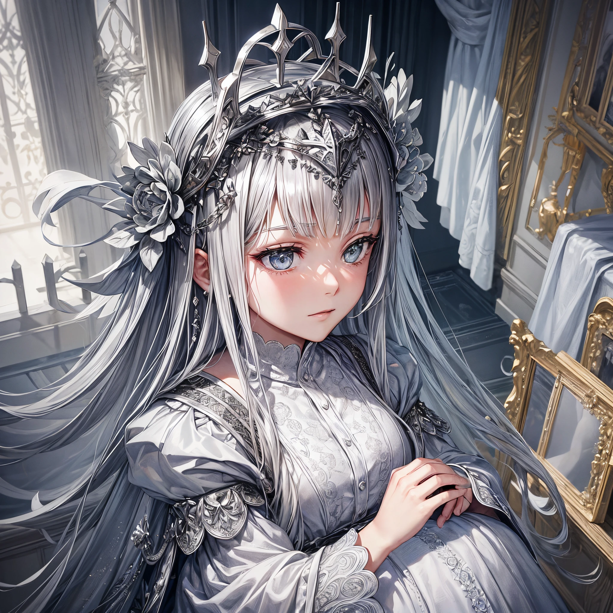 Metal art (crown of silver flowers), silver flowers, white metal, metal flowers, metal crown, silver flower crown, intricate detials, complex weaves, silver art, higly detailed, Feature photo, Film grain, Realistic