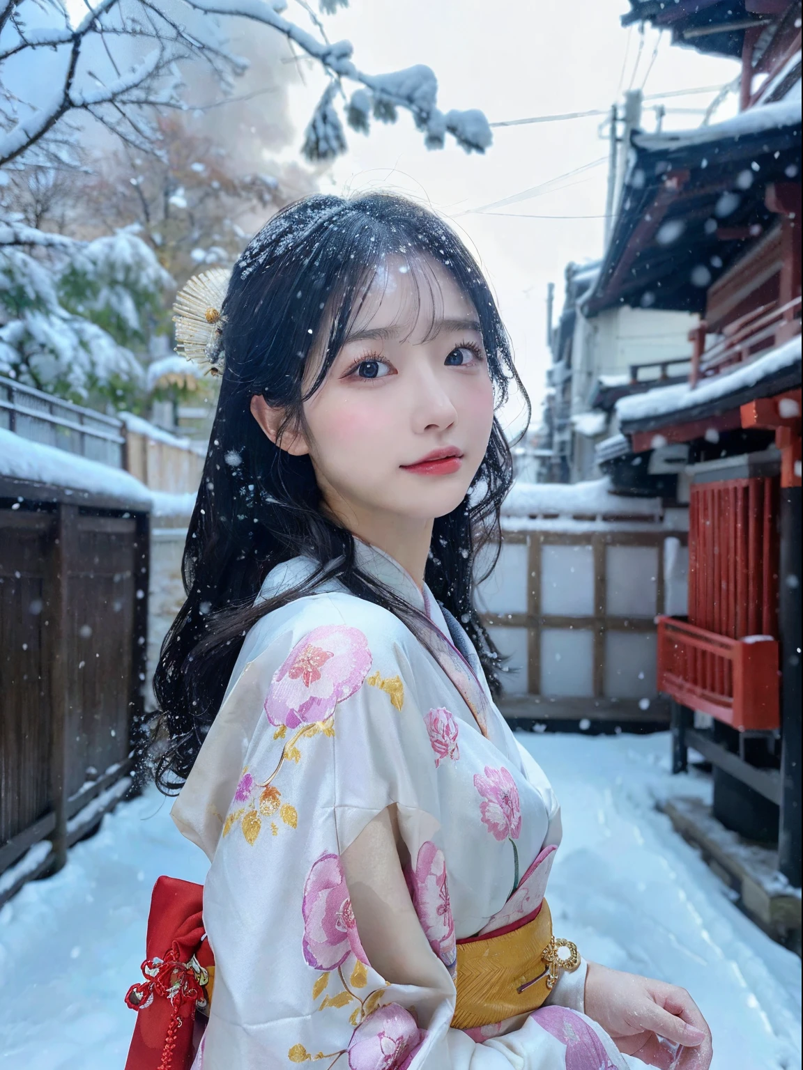 (Kimono)、、(top-quality,masterpiece:1.3,超A high resolution,),(ultra-detailliert,Caustics),(Photorealsitic:1.4,RAW shooting,)Ultra-realistic capture,A highly detailed,high-definition16Kfor human skin、 Skin texture is natural、、The skin looks healthy with an even tone、 Use natural light and color,One Woman,japanes,,kawaii,A dark-haired,Middle hair,(depth of fields、chromatic abberation、、Wide range of lighting、Natural Shading、)、、(Falling snow:1.3)、(Hair swaying in the wind:1.2)、(Snow reflects light:1.3)