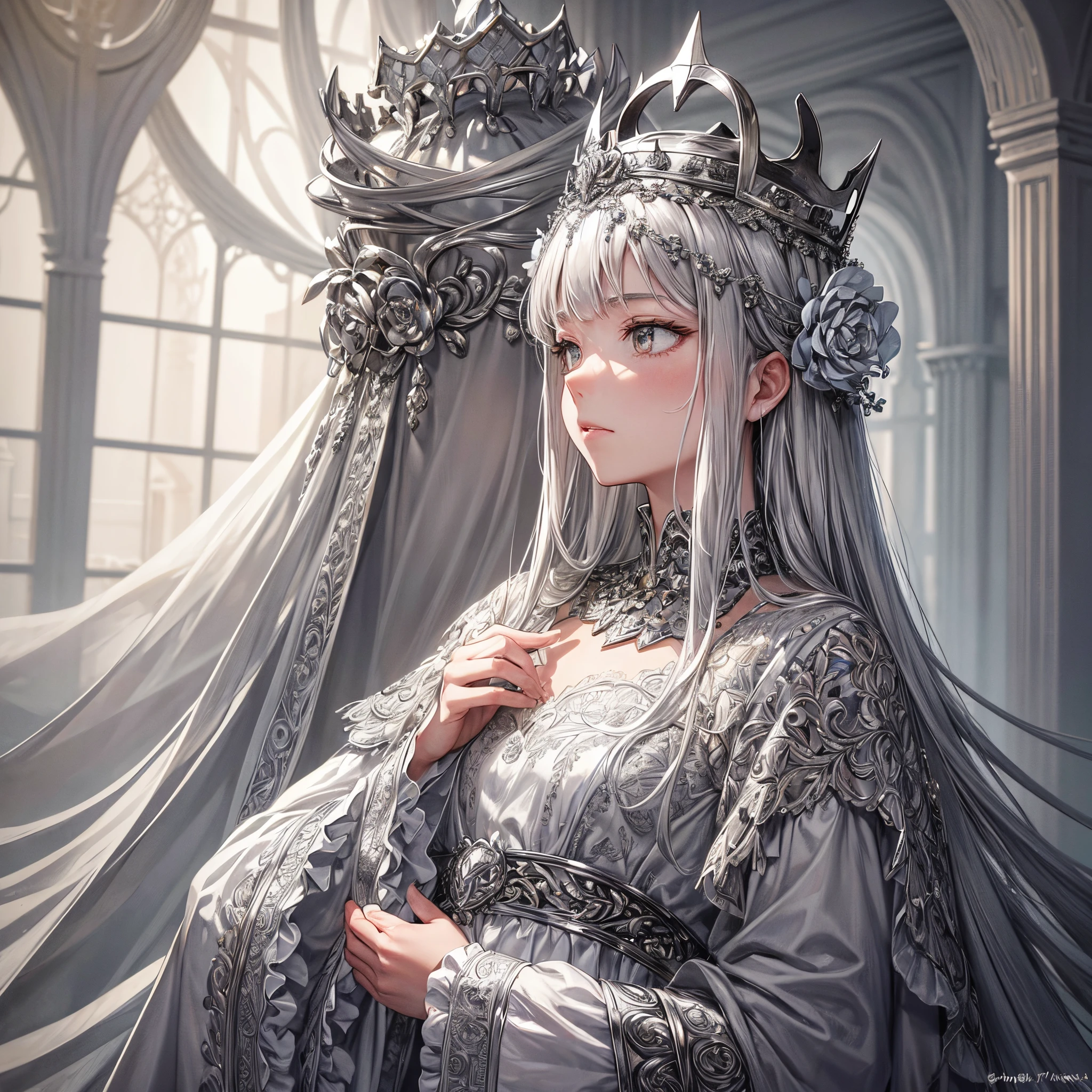 Metal art (crown of silver flowers), silver flowers, white metal, metal flowers, metal crown, silver flower crown, intricate detials, complex weaves, silver art, higly detailed, Feature photo, Film grain, Realistic