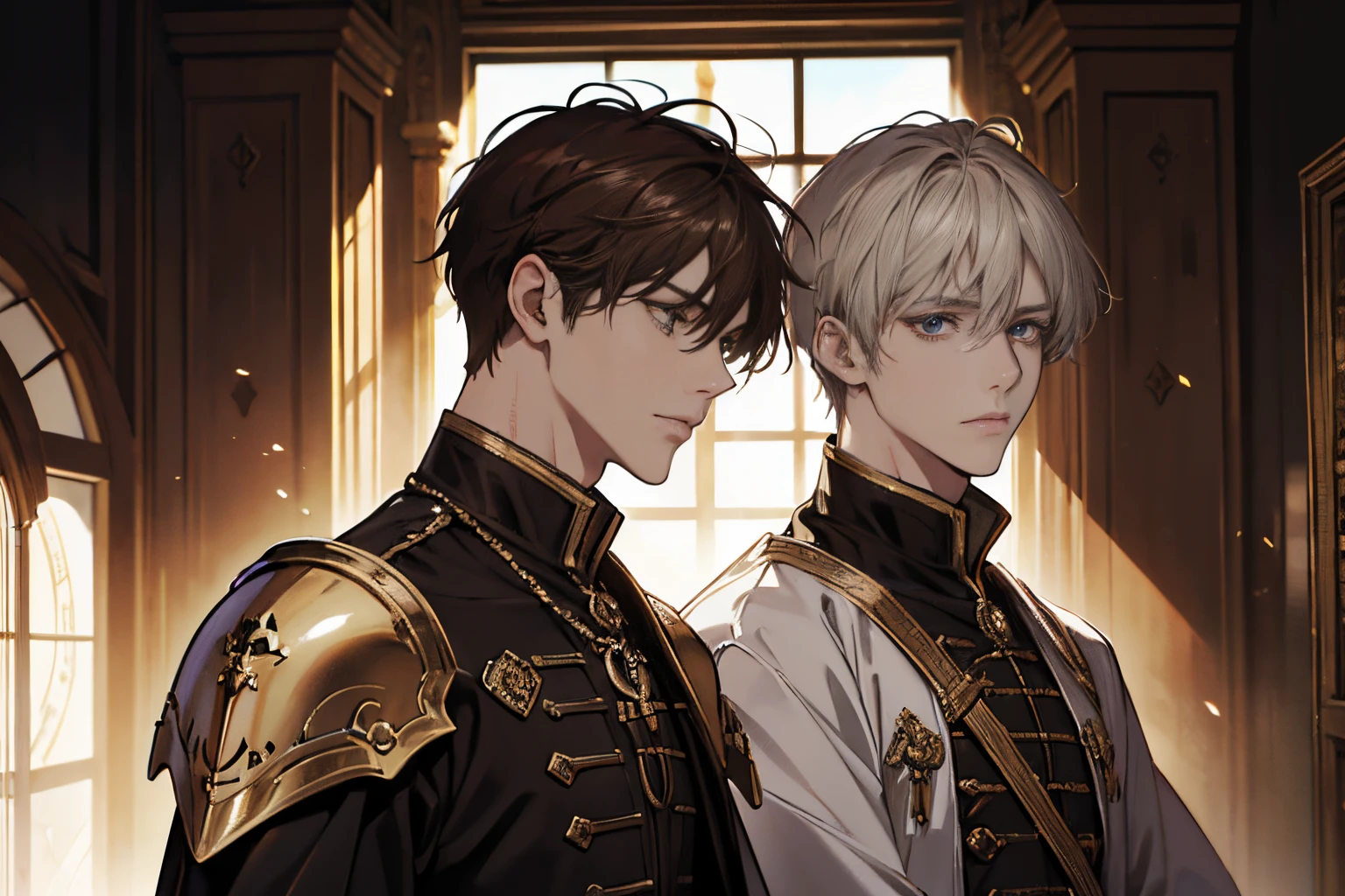 (absurderes, Intricate details, masutepiece, Best Quality, High resolution, 8K), two male, Thin, 年轻, aged up, masks, finely detailed eyes and face, low-faded hair of reddish-brown color,, Amber eyes, Portrait, Looking at Viewer,2man, Detailed background, (Light Fantasy Theme:1.1), Focusing, mercenaries, Sunshine, Floating scrap, Color Plate Armor, divine aura, bright lighting, Marble castle, Intense atmosphere,