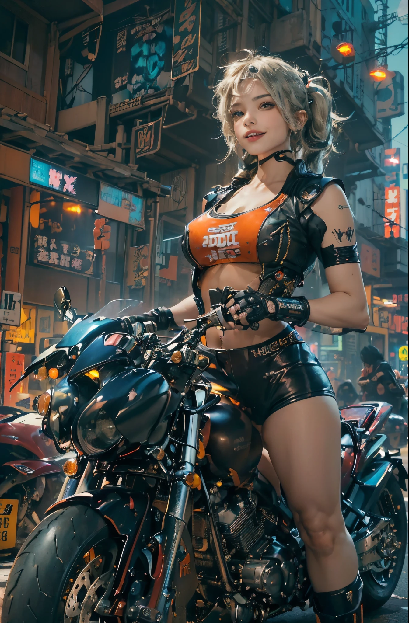 （(Many award-winning works, With incredible details, textures and maximum detail，(photorealestic)，)）, ((1female，((Stand in front of the motorcycle)), ((Get on a motorcycle))，(((harley davidson motorbike)))，(((the right motorcycle：1.7)))，(((Correct ratio of people to vehicles：1.6)))， eye-catching accessories, Stylish and innovative hairstyle)),（( girl，girl，((confident smile))，dressed in：((Popular costumes in Harajuku style, ))，((slim sexy girl))，)))， (Full-body image:1.2), (up of the upper body:0.4), (The best quality real textured skin), ((five perfect and beautiful fingers)), (Anatomically correct limbs and physique:1.5), (Delicate, round and symmetrical eyes), (exquisite and beautiful face:1.6), ((A detailed face)), ((Background with：(Dazzling，cyberpunk city landscape, skyscrapper, neonlight, LED lights)))， the complex background, (Complicated details:1.1)，))， ((Bright and vivid color scheme))，((dynamic viewing angle+dynamic compositions))，((big breasts beautiful，Sexy legs))，Cyberpunk style，Harajuku style popular cyberpunk girl, 城市,（Harley），000