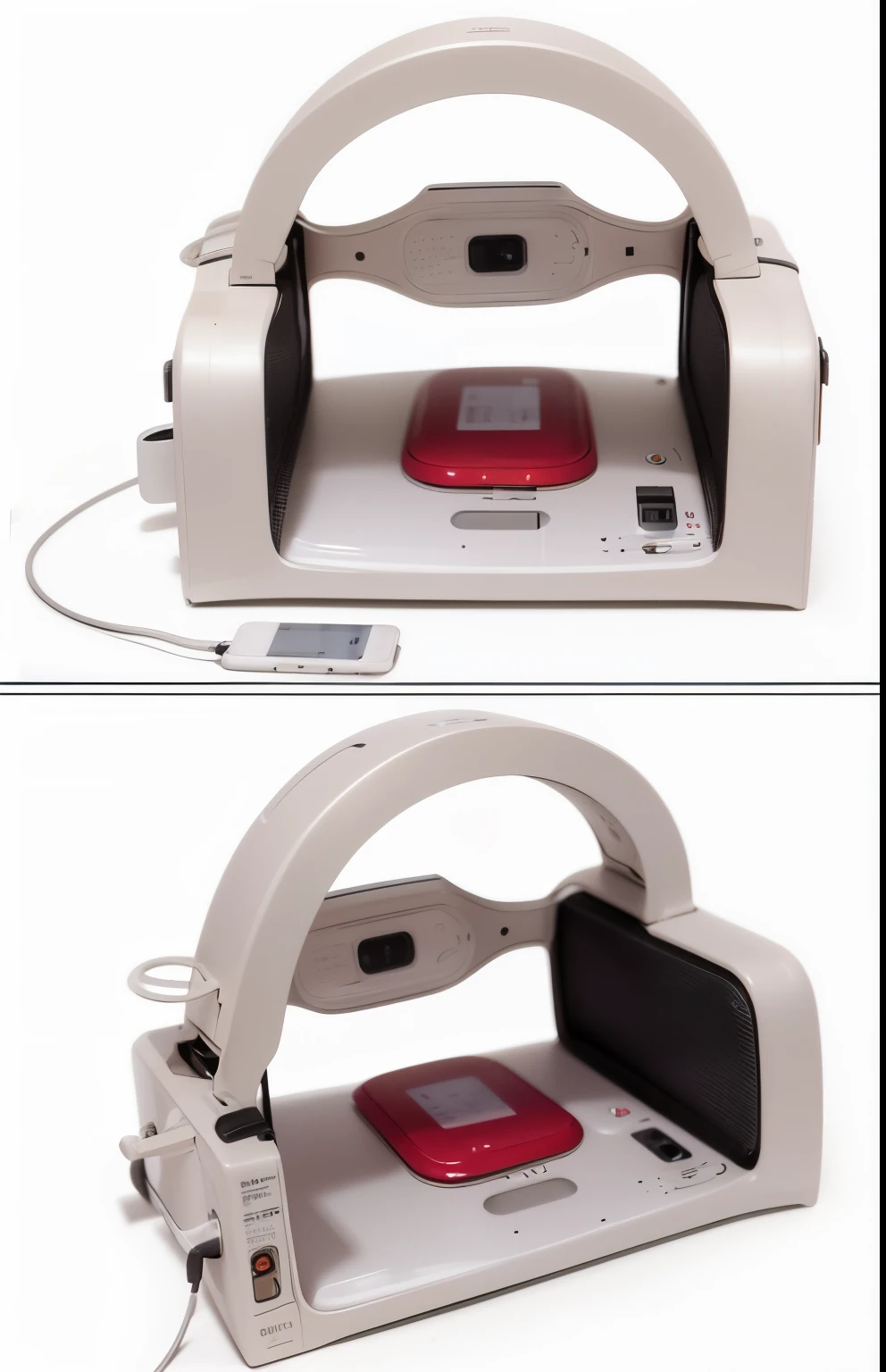 There are two pictures of portable devices connected to chargers, product photograph, 3d product, product-view, top and side view, product introduction photos, metals, high end, 8l, 8l, products shot, crystal, Front full view, 360*, conceito, kinako, Front view and side view, steins, Detailed picture
