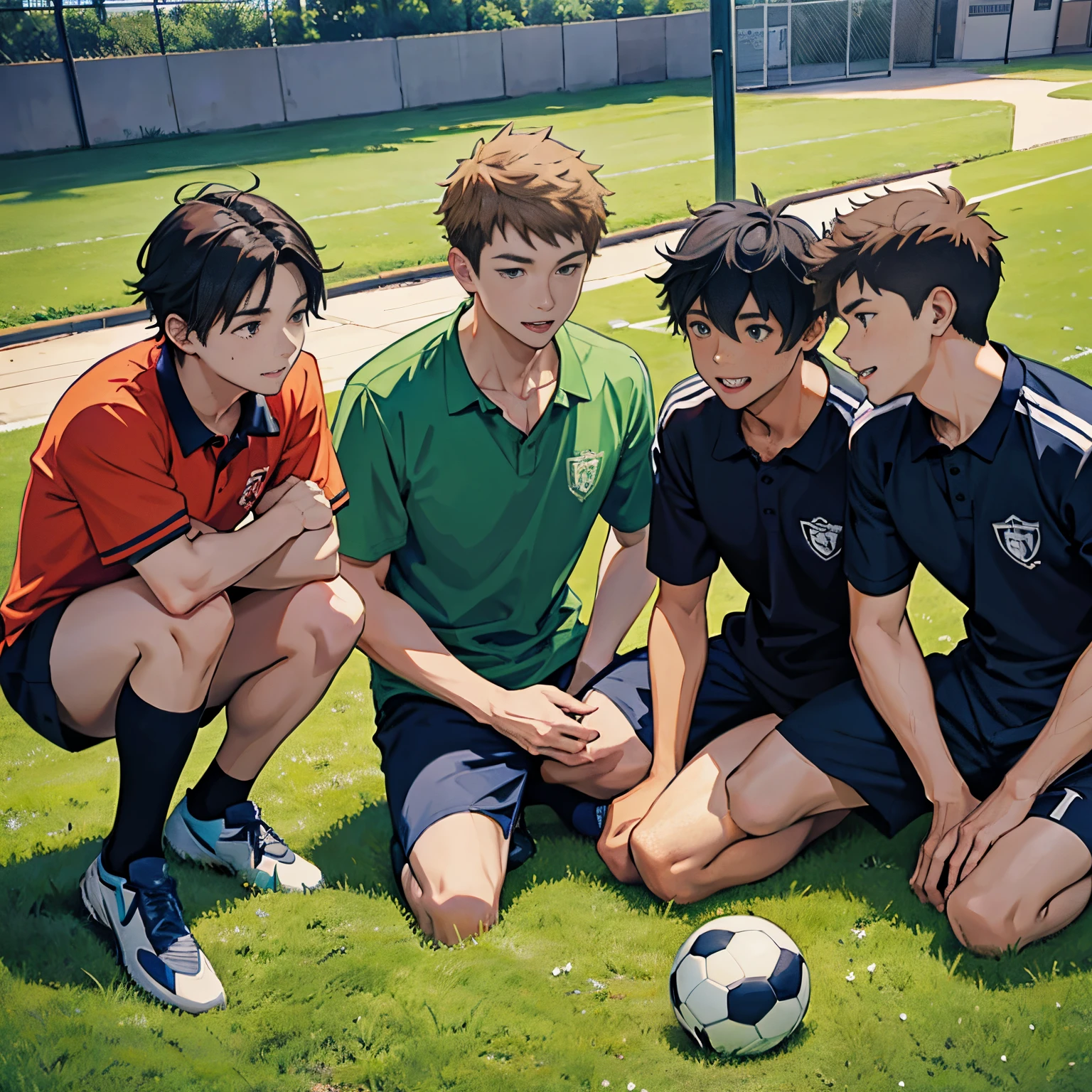 Anime illustration of five men from the soccer club having a chat in the schoolyard,looking at other