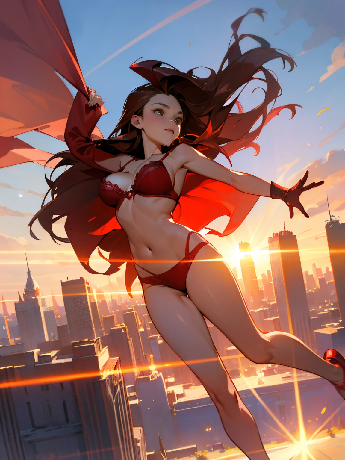 (masterpiece), (best quality), Elizabeth Olsen as Scarlett Witch. Long brown hair. ((Red Bra)), ((Red Panty)). Floating in mid air. Outdoor, sunlight, sun flare, sunlight behind her. full body shot. City background. Large Breasts, Perfect proportions. Happy look.
