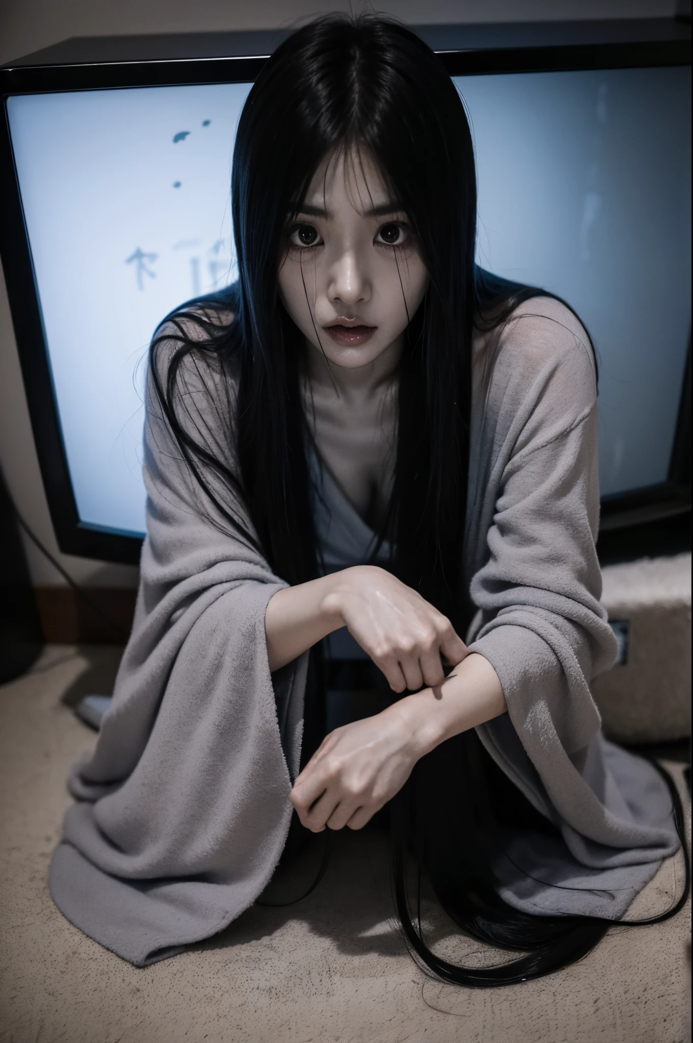 Sadako, soaking, wet robe, gray colored skin, Hair covers the face, sexy for.Sadako crawled out of the TV，A woman lying on the floor in front of the TV, japanese horror, style of hajime isayama, japanese horror movie footage, Junji Ito 4K, japanese pop surrealism