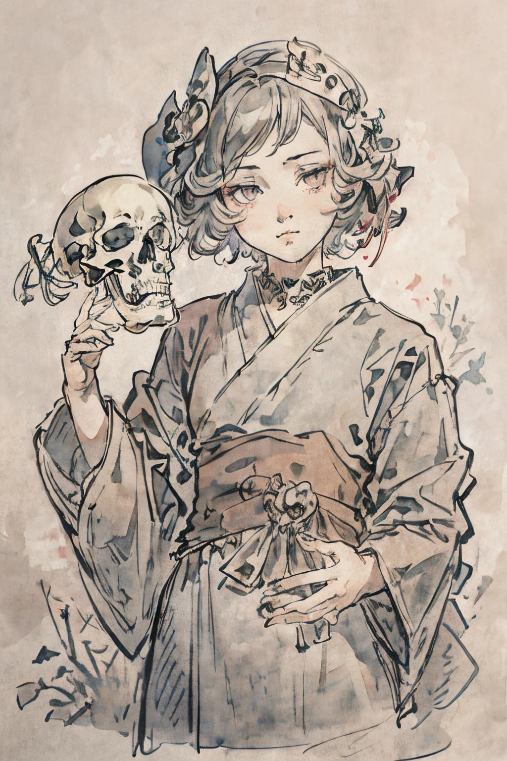 SFW,masutepiece, Best Quality, High resolution, 1girl in, upper body, Details Girl, detail hands, Detail fingers, Detail Face, detail legs, 1man, solo, wizard, watercolor paiting, in graveyard, skeltons, mask, gray robe, gray eyes, skeleton, skull, bone