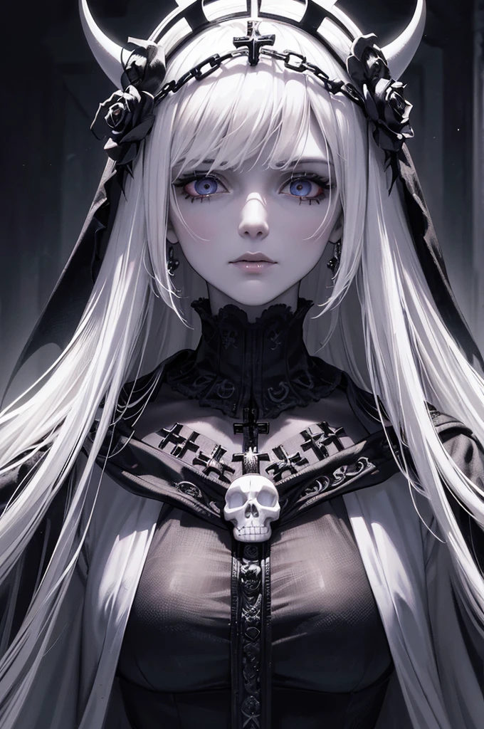 Close-up of a skull with a cross on the face, digital art by Adam Marczyński, cg society contest winner, Gothic art,White costume, highly detailed dark art, Portrait of a holy necromancer, portrait of a female necromancer, close-up portrait goddess skull, Eerie Gothic portrait, goddess of death, sinister complexion