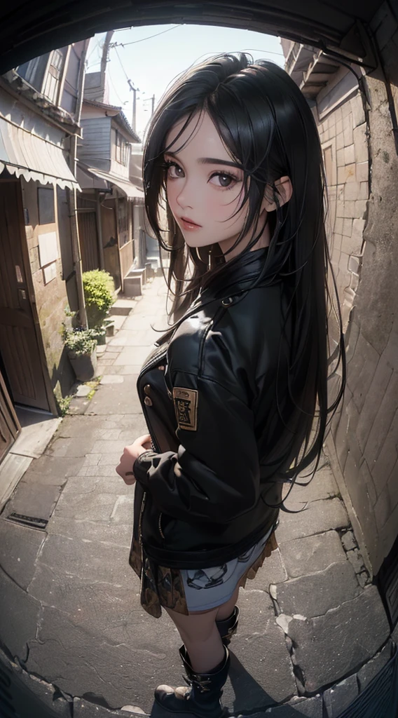 (((8k wallpaper of extremely detailed CG unit:1.2, masterpiece, hight resolution:1.2, top-quality:1.2, masutepiece))), ((a very beautiful woman, Hands in pockets:1.8, Street fashion:1.3, Wearing a jacket:1.3, Wearing boots)), ((extra detailed face, Highly detailed black eyes, extra detailed body, Top quality real texture skins)), (A dark-haired:1.2, straight haired:1.2, The long-haired, de pele branca), ((natta, Back alley, stairway)), (high-angle:1.1, a closeup, Fisheye:1.4), hyper realisitic, digitial painting,