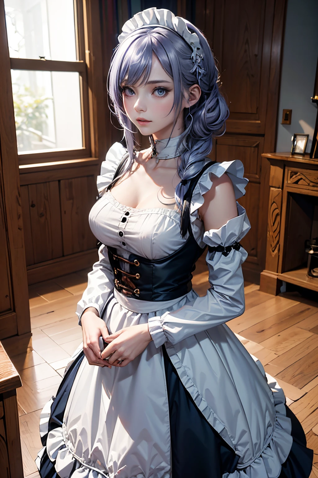 The tooltip for a given topic is as follows: "Girl with a European face, Aryan face, 20years old, Silvery-purple hair, pale purple-blue hair, Bright blue eyes, Her hair is tied up in a bun and falls to her right shoulder, shoulder braid. (Dressed in a comfortable maid outfit.: 1.3), (((clothes in dark colors))), close-fitting clothes, (Best Quality, 4k, 8K, hight resolution, Masterpiece:1.2) Ultra-detailed features, including realistic, Photorealistic eyes and face. The figure shows the media (Insert Material) that resembles an illustration, oil painting, or 3D rendering. Girl in the garden with bright flowers and sharp focus, soft studio lighting. The overall atmosphere is calm and serene, with a touch of unearthly beauty. The color scheme is dominated by shades of black, Creating a dreamy and surreal aesthetic."