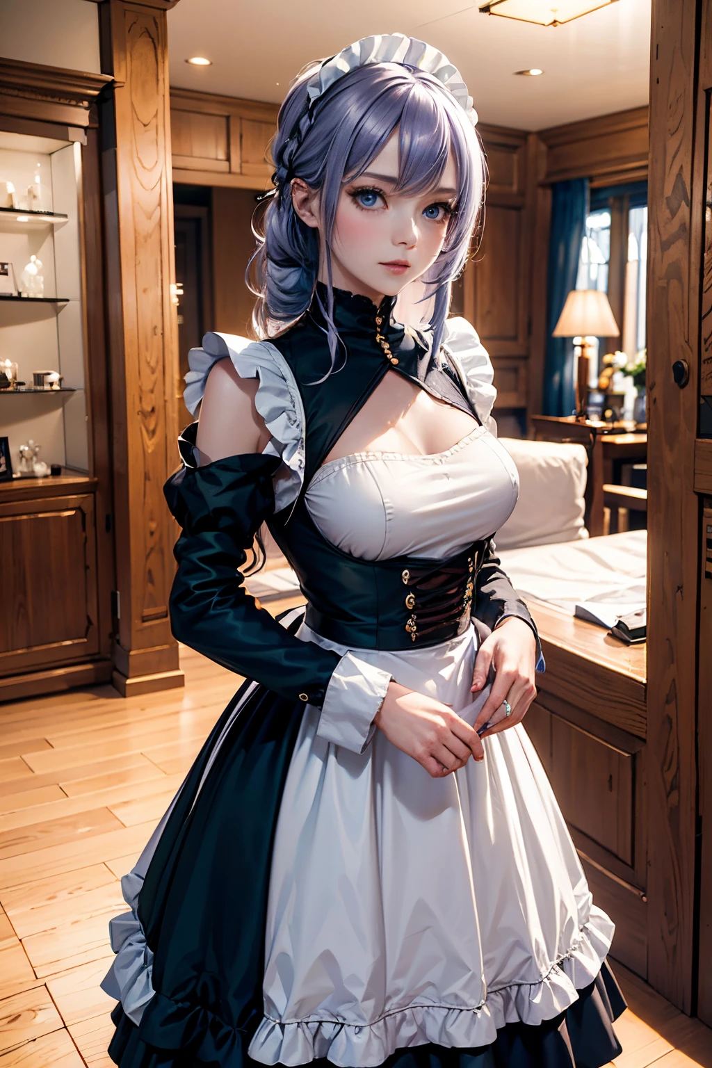 The tooltip for a given topic is as follows: "Girl with a European face, Aryan face, 20years old, Silvery-purple hair, pale purple-blue hair, Bright blue eyes, Her hair is tied up in a bun and falls to her right shoulder, shoulder braid. (Dressed in a comfortable maid outfit.: 1.3), (((clothes in dark colors))), close-fitting clothes, (Best Quality, 4k, 8K, hight resolution, Masterpiece:1.2) Ultra-detailed features, including realistic, Photorealistic eyes and face. The figure shows the media (Insert Material) that resembles an illustration, oil painting, or 3D rendering. Girl in the garden with bright flowers and sharp focus, soft studio lighting. The overall atmosphere is calm and serene, with a touch of unearthly beauty. The color scheme is dominated by shades of black, Creating a dreamy and surreal aesthetic."