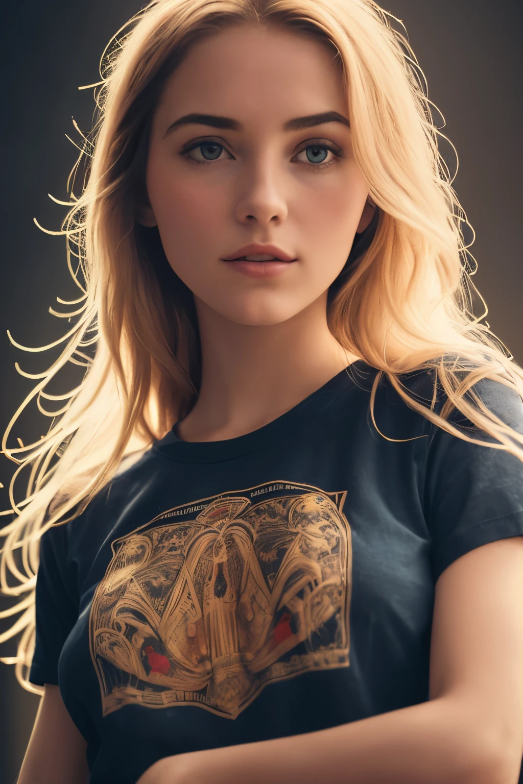 obra maestra, mejor calidad, Cinematographic photo, Anatomically correct, digital art illustration, Innocent 20-year-old woman, pale-skin, polaca, rasgos femeninos pronunciados, (Stretching), camiseta, cabello rubio lacio, pechos grandes, (cosmic background), dark illustration style, (8k, dynamic composition, fotorrealista, foco nítido), fondo elaborado, cinemactic, regla de los tercios, Contre-Jour, movie grain, detalles intrincados, detalles finos y sin ropa