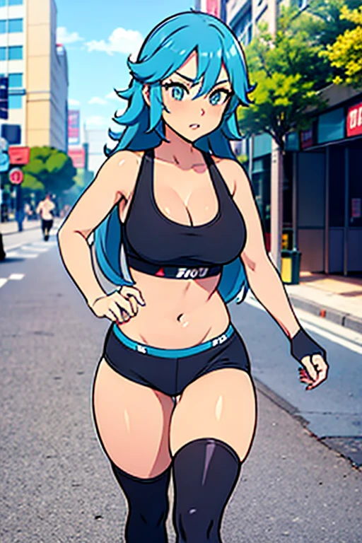 Sexy 25 year old woman, walking outside on street in just underwear, sports bra and tight bike shorts,black bike shorts, knee high socks, shoes, light blue hair, full body, jogging, crowded street, shy