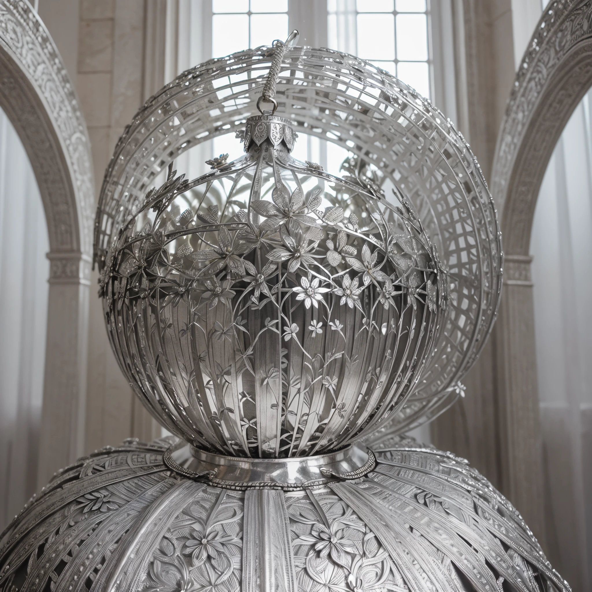 The Art of Metal (ornament of silver flowers), silver flowers, white metal, Metallic flowers, Metal ornament, silver floral ornament, intricate detials, complex weaves, silver art, higly detailed, Feature photo, Film grain, Realistic