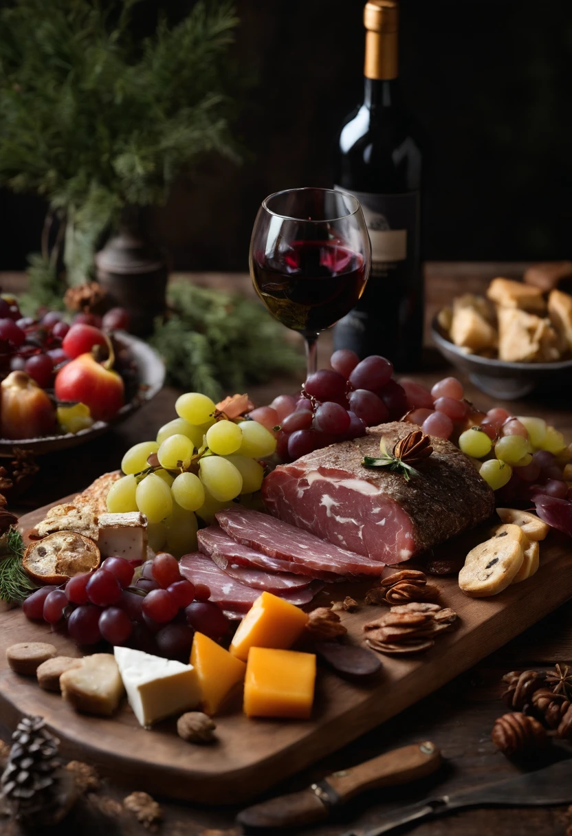 A photo of a beautifully arranged charcuterie board on a wooden table with a glass of red wine.,Game of Thrones TV series,Ramsay has shaggy brown hair and cold grey eyes, dressed in medieval winter attire. Famously portrayed by Iwan Rheon