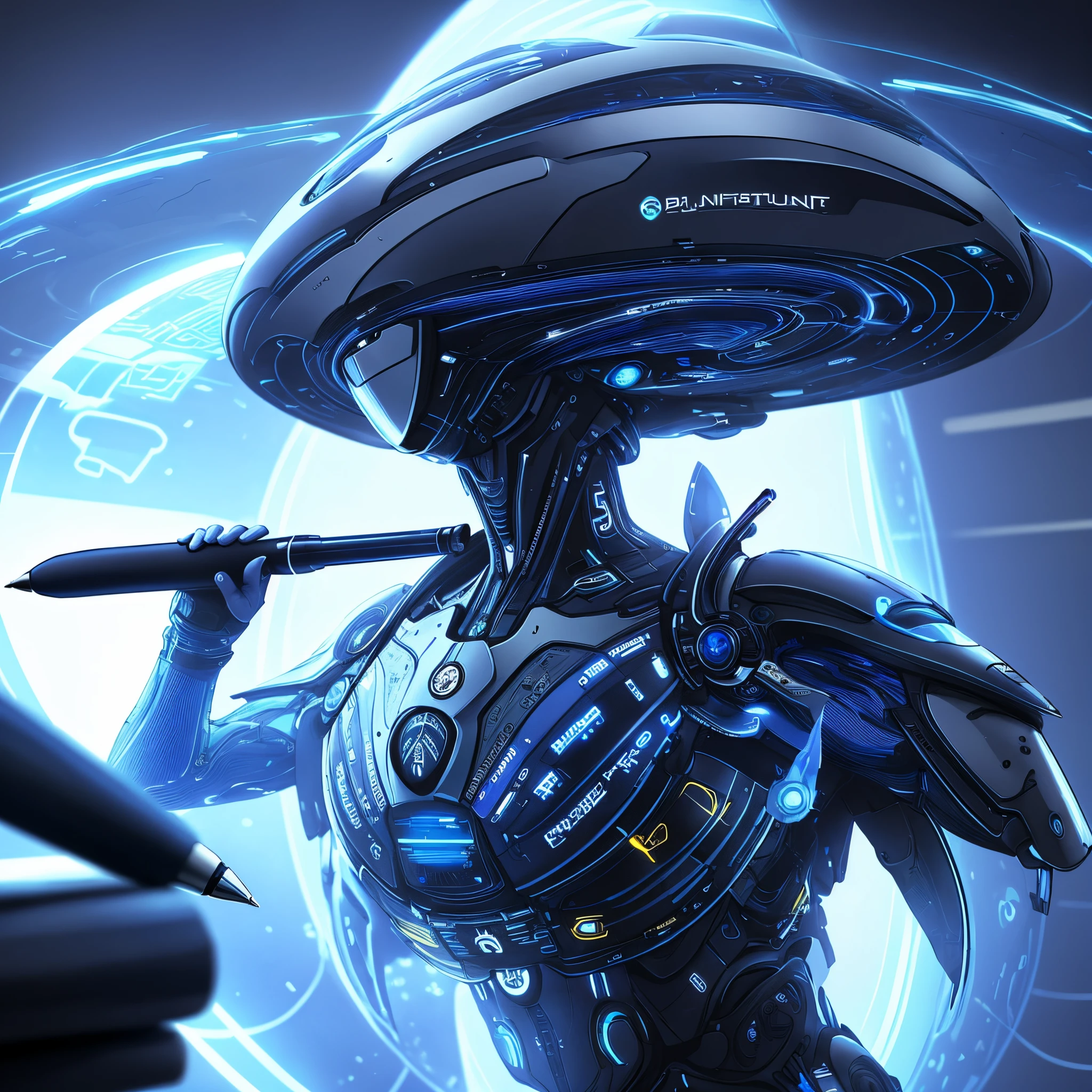 A futuristic pen connected to thoughts with a blue backtound