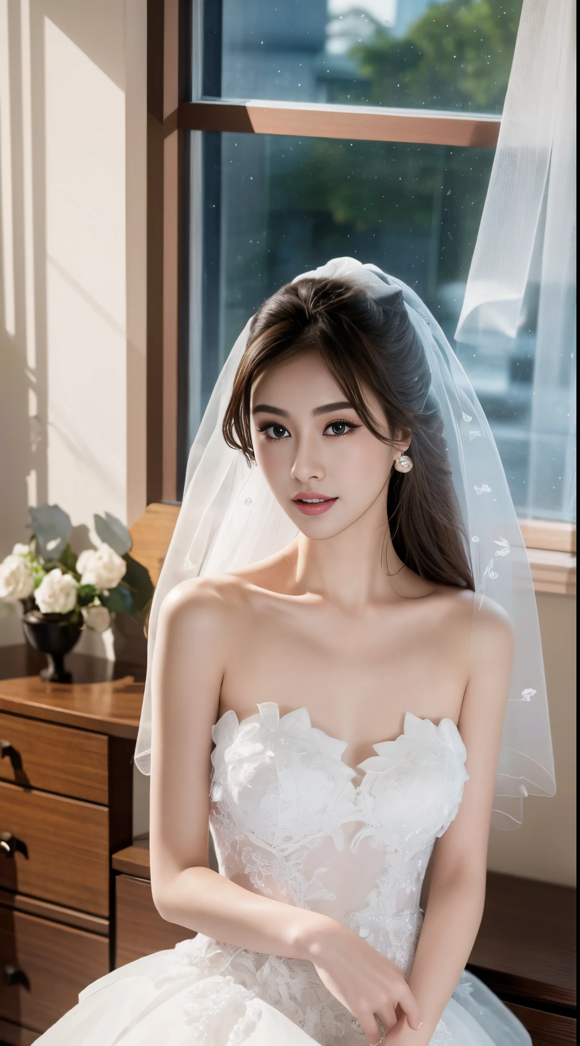 8k, Ultra-high resolution, Highest quality, masterpiece, 三分割法によるphotograph,Surreal, photograph, 1 Girl, (:1.3), pretty girl, Cute Face, Beautiful eyes in every detail, 細かくdetailedに,masterpiece,One Girl:1.2,Japan Female Teachers,extream close up,sad,light smile,Long black hair,Straight long hair,(印象派の美しい少女のPortraiture),(Impressionist light and colour), (Gray background:1.3),(White Wedding Dress:1.3),(Fairy, bride, Shiny Hair, Beautiful dark eyes, So cute and beautiful,16 years old0.8),Sharp contours,Looking down, (Wedding Veil,White lace), Light from above, (Side view),, Perfect and beautiful face ,完璧でCute Face, Skin with attention to detail, Perfect limbs、Narrow waist,Looking at the audience,(((Ideal body type))),A cup small breasts :2,Portraiture:2,Perfect Anatomy,鮮明なdetailed,detailed,Surreal,Light and shadow,glowing