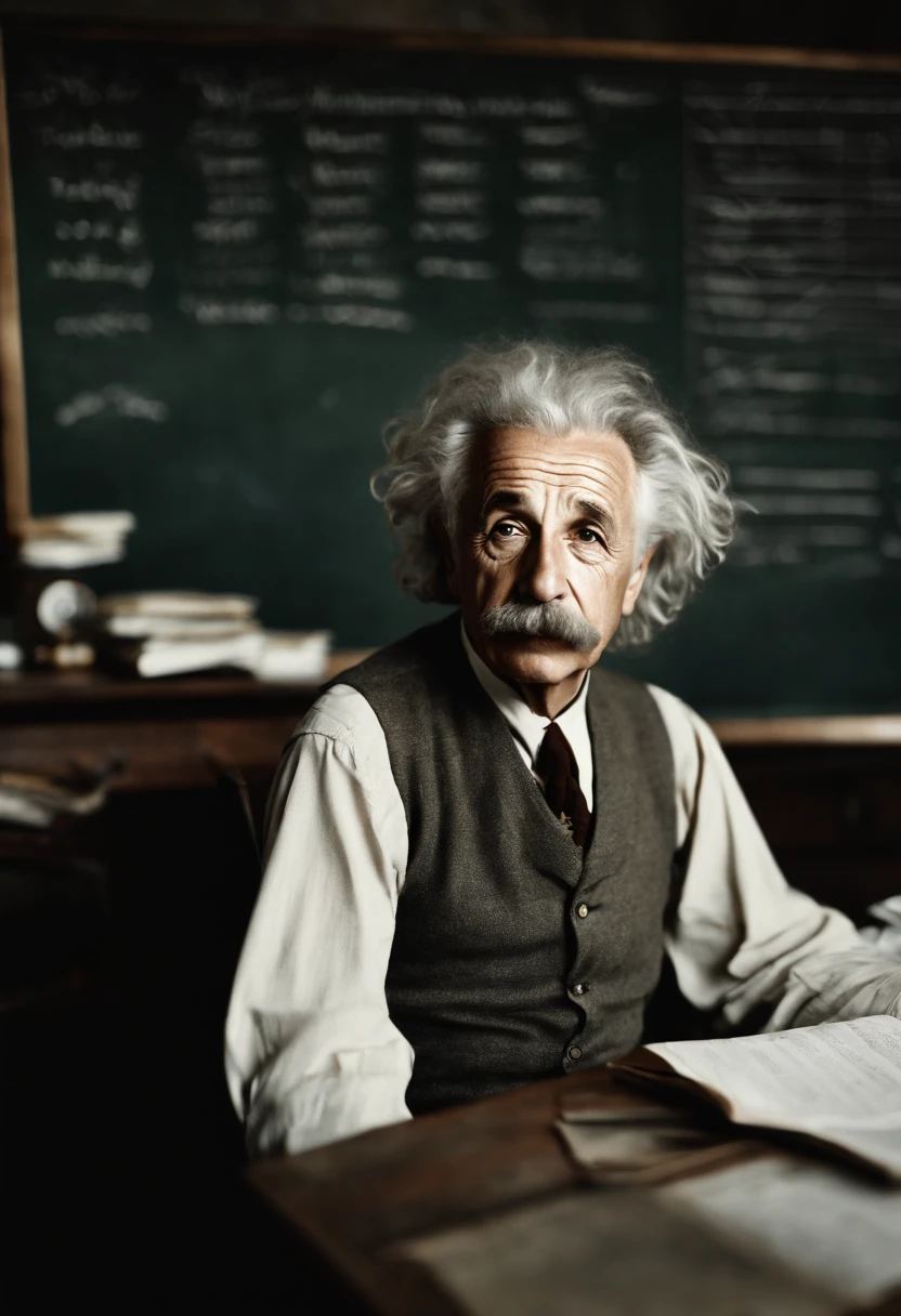 scientist Albert Einstein looking to the side with great anger, a rare moment of intense anger asking for silence with a finger in his mouth,, mysterious, against the backdrop of a dimly lit large hall with imposing and foreboding windows shrouded in fog, casting a mysterious and mystical environment, as if the shadows themselves were about to reveal a sinister secret, with a warm, muted color palette of burnt oranges, faded golds and dusty blues, evoking a sense of aged and forgotten knowledge, surrounded by scattered tomes and dusty and ancient scientific instruments, bathed in a warm, soft glow. vintage retrocore, daguerrotype,, photo, cinematic