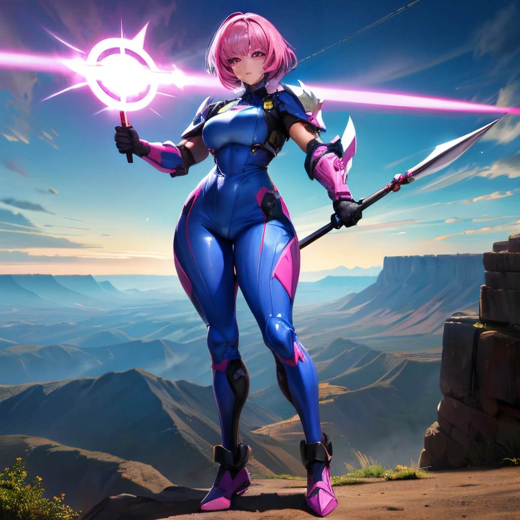 1girl, full figure, muscular body, thick hips, huge butt, very thick legs, fighter pose, short pink hair, pink eyes, spear in right hand, wearing blue jumpsuit, light armor chest, black gloves, canyon landscape, high res, ultrasharp, 4k, looking at viewer