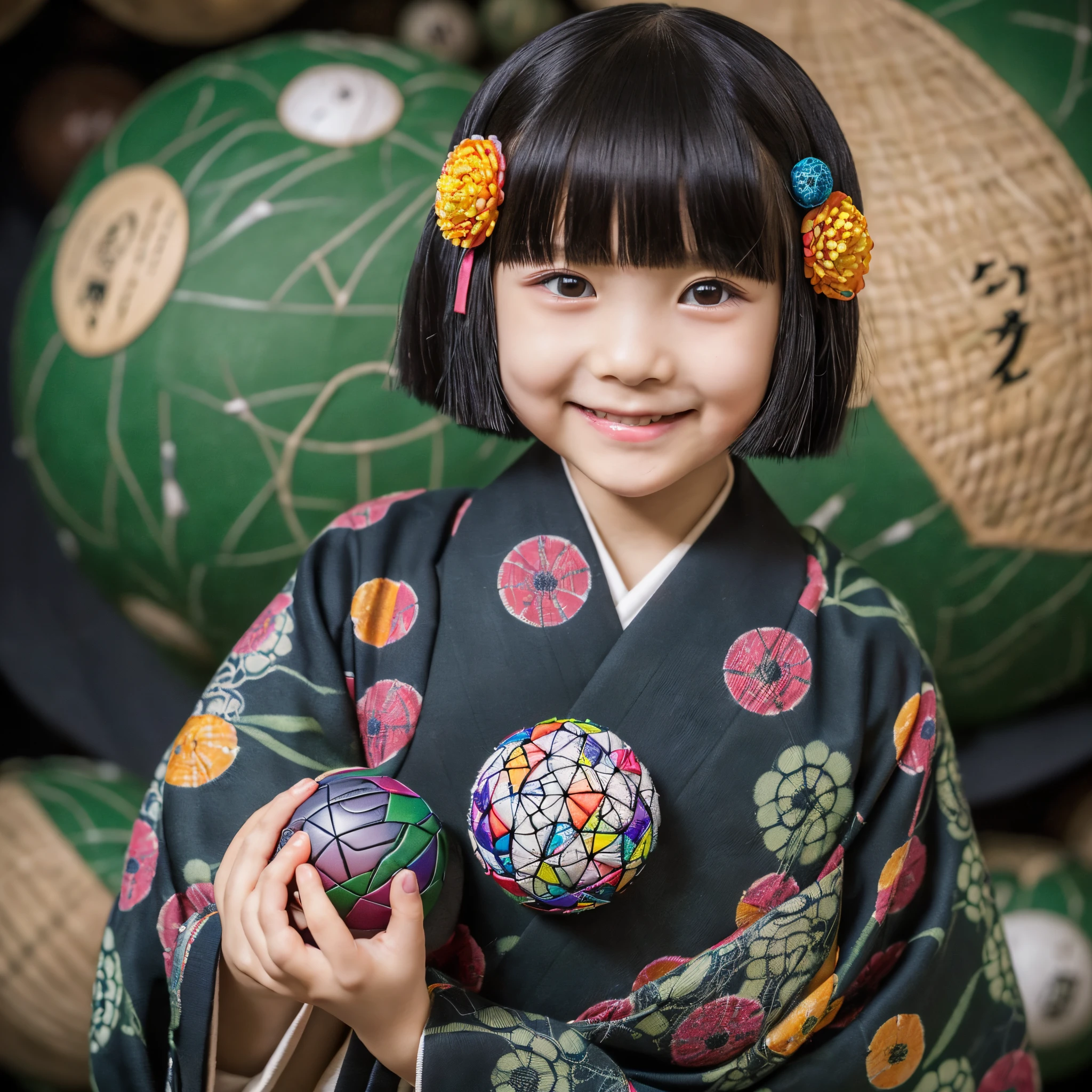 (Best Quality,Ultra-detailed,macabre smile,creepy atmosphera),1girl in,Short Bob Haircuts,Cute kimono,(((I have a temari in my hand))),Around 5 years old,Like a character in a nursery rhyme,(((Hakataori ball,super precision ball))),dark backgrounds,Hyper-detailing,(((the balls are colorful))),