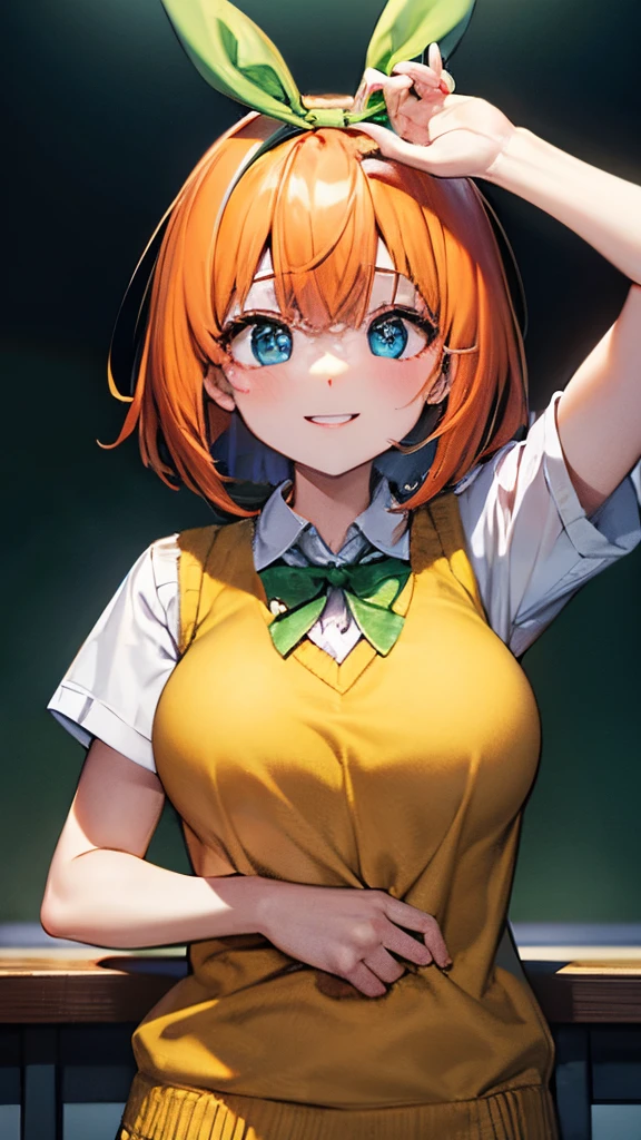 Best Quality、Raw photo、profetional lighting、Top image quality、​masterpiece、Live-action depiction、The background is of the best quality、The background is professional lighting、portlate、School Background、High school students、yellow vest sweater、Green Ribbon、Orange hair、a short bob、blue eyess、a smile、The ribbon on the head is green、large full breasts