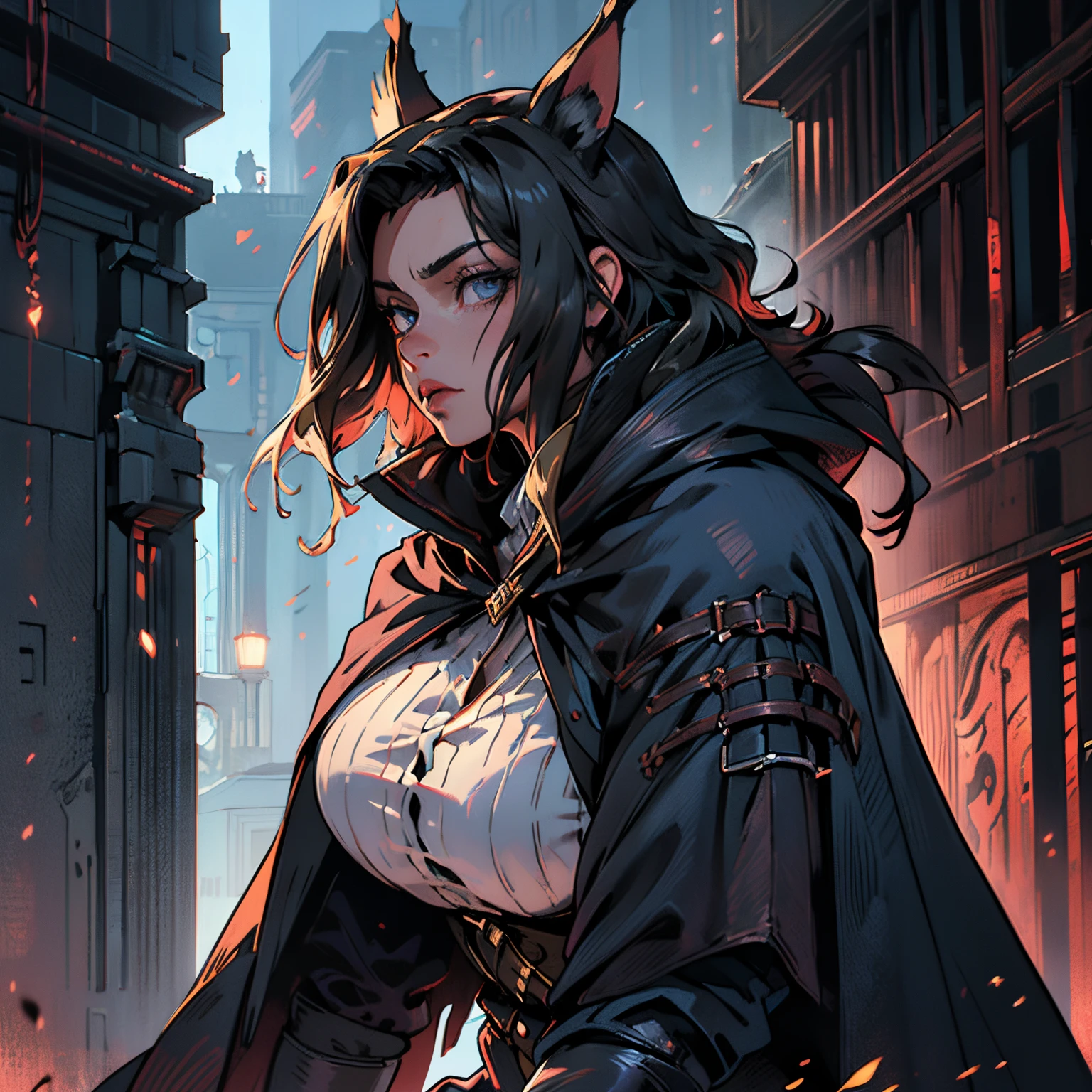((masterpiece)),((high resolution)),((best quality)),extremely fine and beautiful, super fine illustration, realistic skin, (insanely detailed anime eyes, eyes focus, face closeup),vivid and beautiful, shocking sensation, incredibly detailed,(insanely detailed anime eyes, eyes focus, face closeup), beautiful detailed girl, supple breasts, front view, facing at viewer, black hair, black feathered cloak,covered, hair covering breasts, ((black hair)), (very long hair), ((large fox ears)), blue eyes, profile, (((black voluminous fox tail))), (large breasts), (plump thighs), (muscular:1.6), (wide hips), shallow frown, movie lighting, perfect shadow, realistic lighting shaded, dark medieval fantasy city scene, bloodborne, solo, one woman, one person