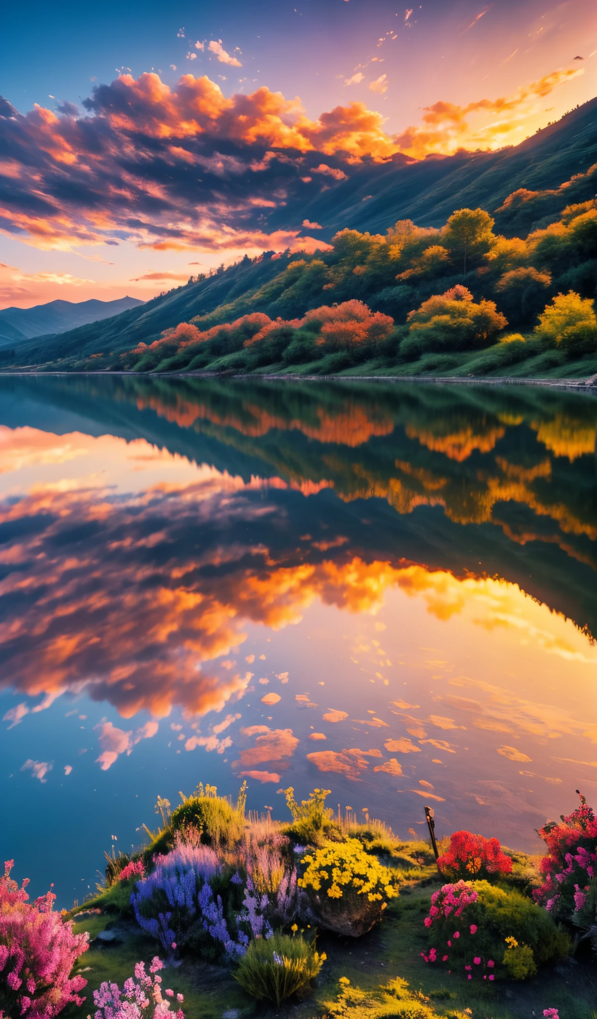 (best quality, 8k, high resolution, masterpiece: 1.2), there is a beautiful sunset, the hillside is covered with flowers and plants, the flowers are up close, The colorful sky, the surreal colors, The sunset colorful, The colorful sky, The Wonderful Reflection of the Sky, The Amazing Sky, the fantastic 8K atmosphere, The colorful clouds, The reflection of color in the lake, The Surreal Sky, the red and blue reflection, the reflection of fire, the beautiful sky , The beautiful and spectacular twilight, The beautiful dreamscape, The Incredible Sky