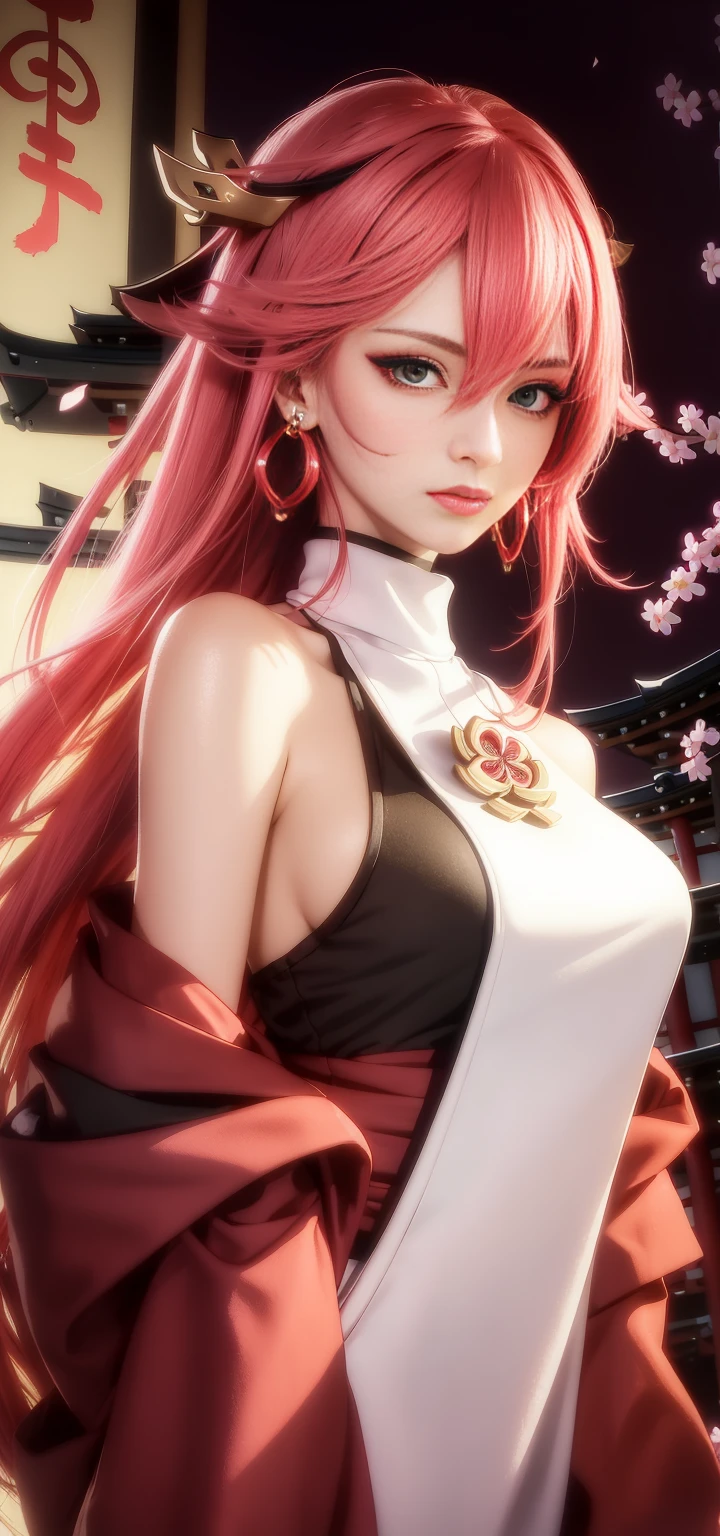 (Masterpiece, Excellent, 1girl, solo, complex details, color difference), realism, ((medium breath)), off-the-shoulders, big breasts, sexy, Yae Miko, long pink hair, red headdress, red highlight, hair above one eye, green eyes, earrings, sharp eyes, perfectly symmetrical figure, choker, neon shirt, open jacket, turtleneck sweater, against the wall, brick wall, graffiti, dim lighting, alley, looking at the audience, ((mean, seductive, charming)), ((cherry blossom background ))),((Japanese temple background)))), (((Glow-in-the-dark background)))