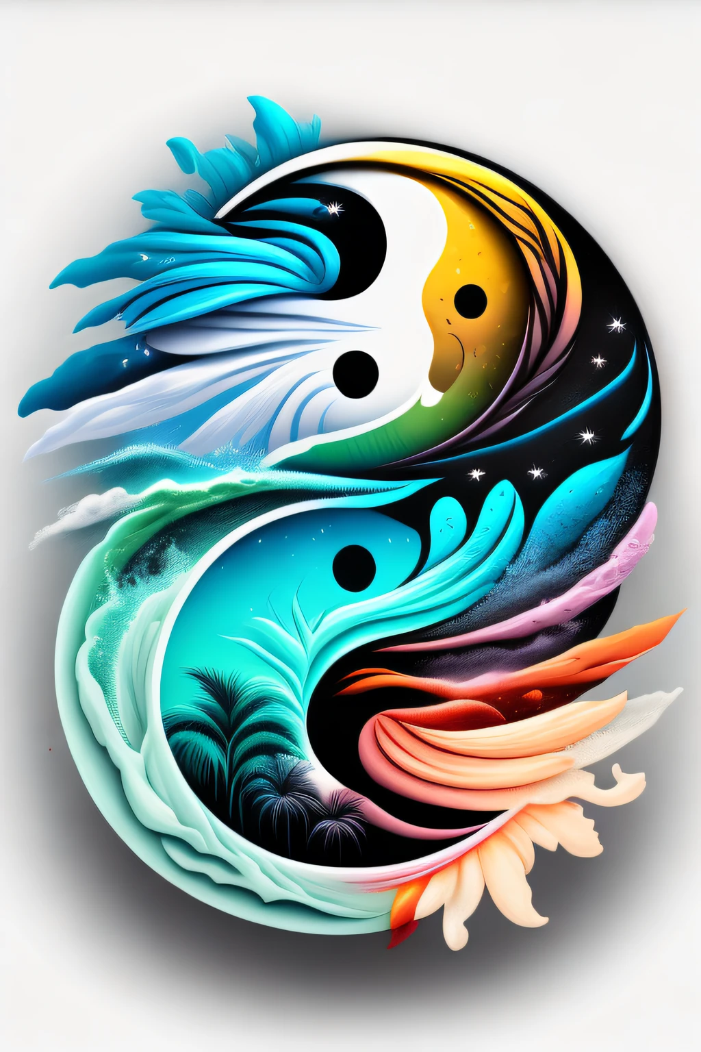 Yin and Yang, The way of the wind and water, Feng Shui, print ready vector t-shirt design, illustration Surf, graffiti hawaii props in background, sticker, clean white background, professional vector, high detail, t-shirt design, graffiti, vibrant
