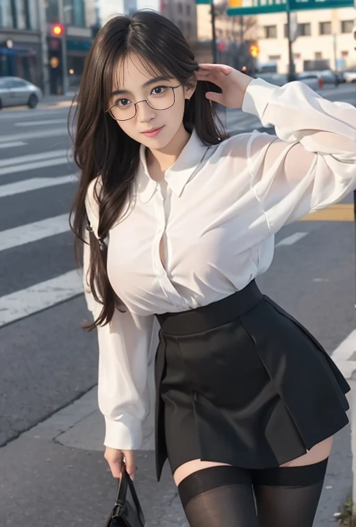 ulzzang -6500-v1.1, (Raw photo:1.2), (Photorealistic:1.4), Beautiful detailed girl, Very detailed eyes and face, Beautiful detailed eyes, Ridiculous, Incredibly ridiculous, Huge file size, super detailed, High resolution, Very detailed, Best Quality, masutepiece, ((fashion clothing with diverse colors)), Illustration, Very detailed, nffsw, unified, 8K Wallpaper, amazing, Fine detail, masutepiece ,Best Quality, Highly detailed ticker uniform 8K wallpaper, Light on Face, Movie Lighting, 1girl in, , long white hair, side split, (Big breasts), ()), (Glasses), ((Dynamic Pose))), ((Sexy Pose))), (Camel toe), (half), (pantyhose)), ((Black hip skirt))