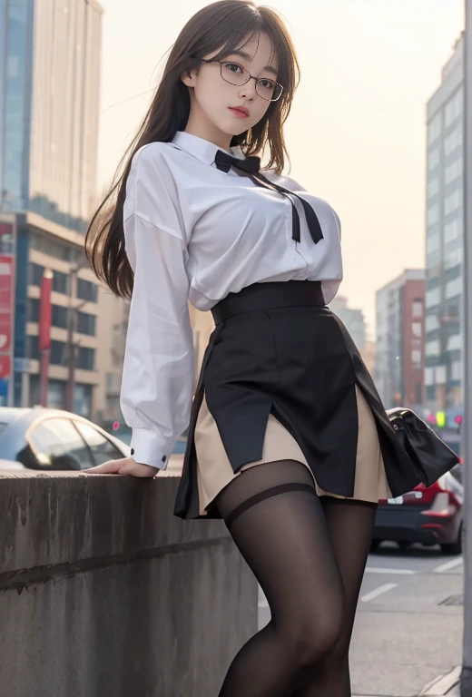 ulzzang -6500-v1.1, (Raw photo:1.2), (Photorealistic:1.4), Beautiful detailed girl, Very detailed eyes and face, Beautiful detailed eyes, Ridiculous, Incredibly ridiculous, Huge file size, super detailed, High resolution, Very detailed, Best Quality, masutepiece, ((fashion clothing with diverse colors)), Illustration, Very detailed, nffsw, unified, 8K Wallpaper, amazing, Fine detail, masutepiece ,Best Quality, Highly detailed ticker uniform 8K wallpaper, Light on Face, Movie Lighting, 1girl in, 16 years old, long white hair, side split, (Big breasts), ()), (Glasses), ((Dynamic Pose))), ((Sexy Pose))), (Camel toe), (half), (pantyhose)), ((Black hip skirt))