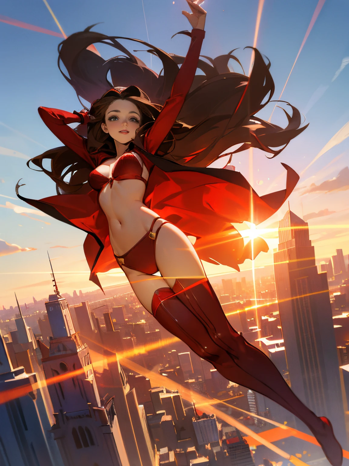 (masterpiece), (best quality), Elizabeth Olsen as Scarlett Witch. Long brown hair. ((Red Bra)), ((Red Panty)), thigh high boots. Floating in mid air. Outdoor, sunlight, sun flare, sunlight behind her. full body shot. City background. Large Breasts, Perfect proportions. Happy look