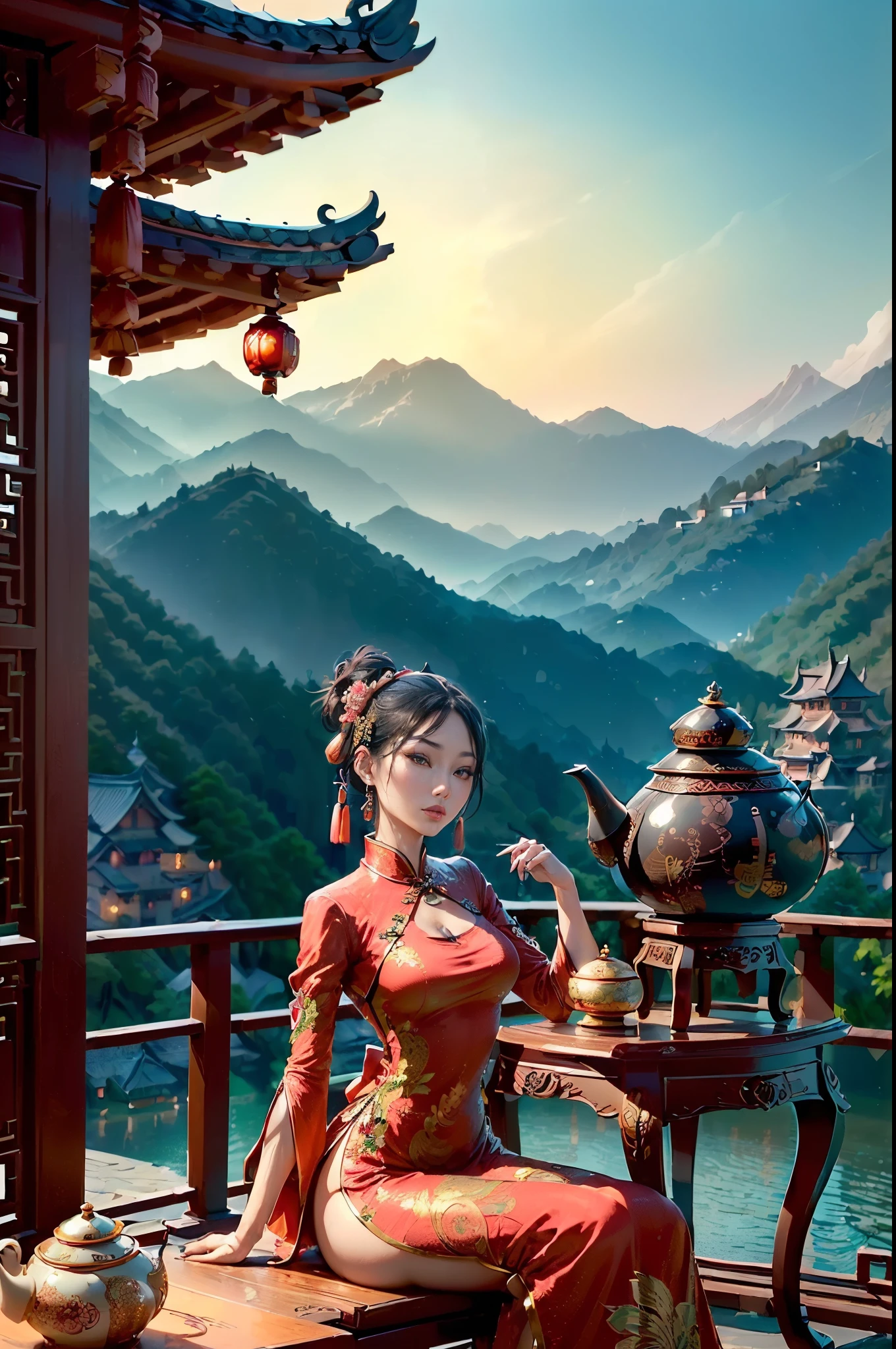 ((generate a beautifull chinesse lady, wearing luxury traditional chinesse dress, traditional chinesse teapot on top of luxury small wooden table,traditonal chinesse ornament,chinesse lantern, statue, beautifull sky, beautifull scene, detail chinesse village houses, detail road, beautifull face, pretty face, beautifull eyes, beautifull nose, raytracing, beautifull fingers, beautifull hands, (4 fingers in 1 hand),closed up photoshoot, pretty makeup, perfect anatomy, good lighting, professional photoshoot, sharp eye, fresh lips)