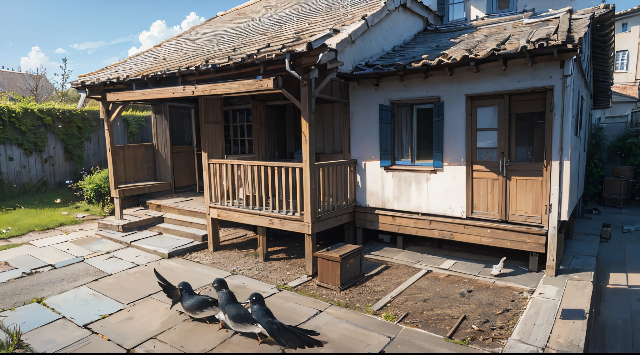 Maison abandonné avec les mouettes sur le toit et quelques vols